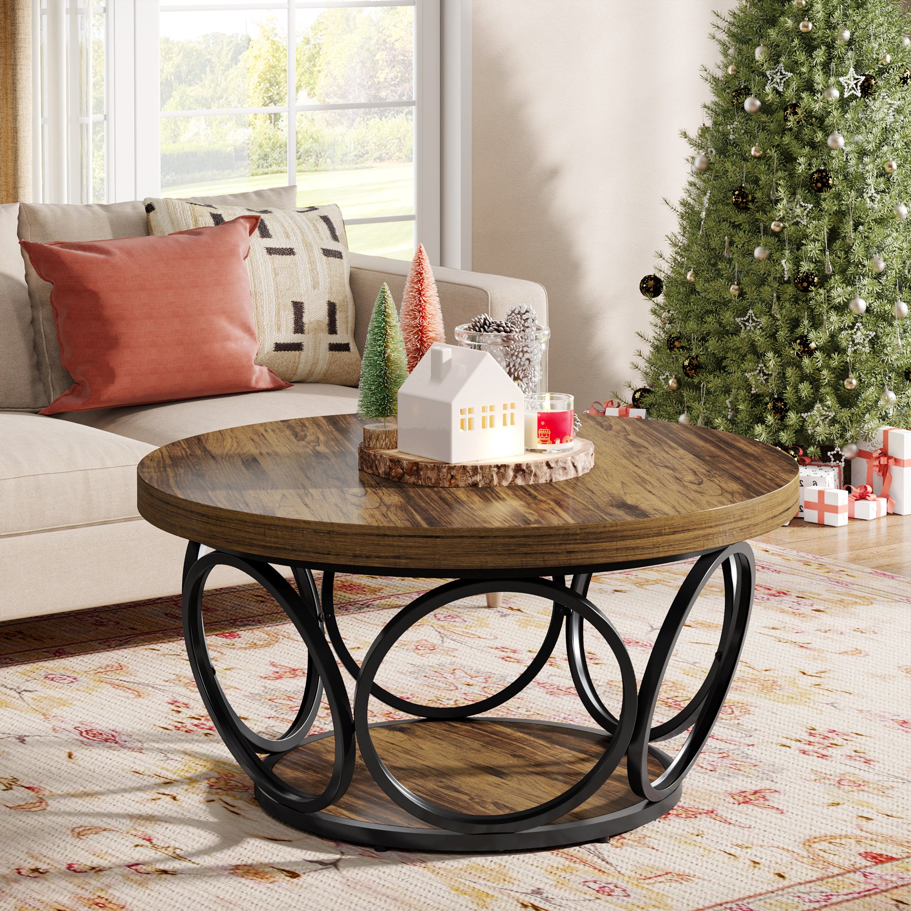 Tribesigns Coffee Table, Round Center Table with 2 Storage Shelves