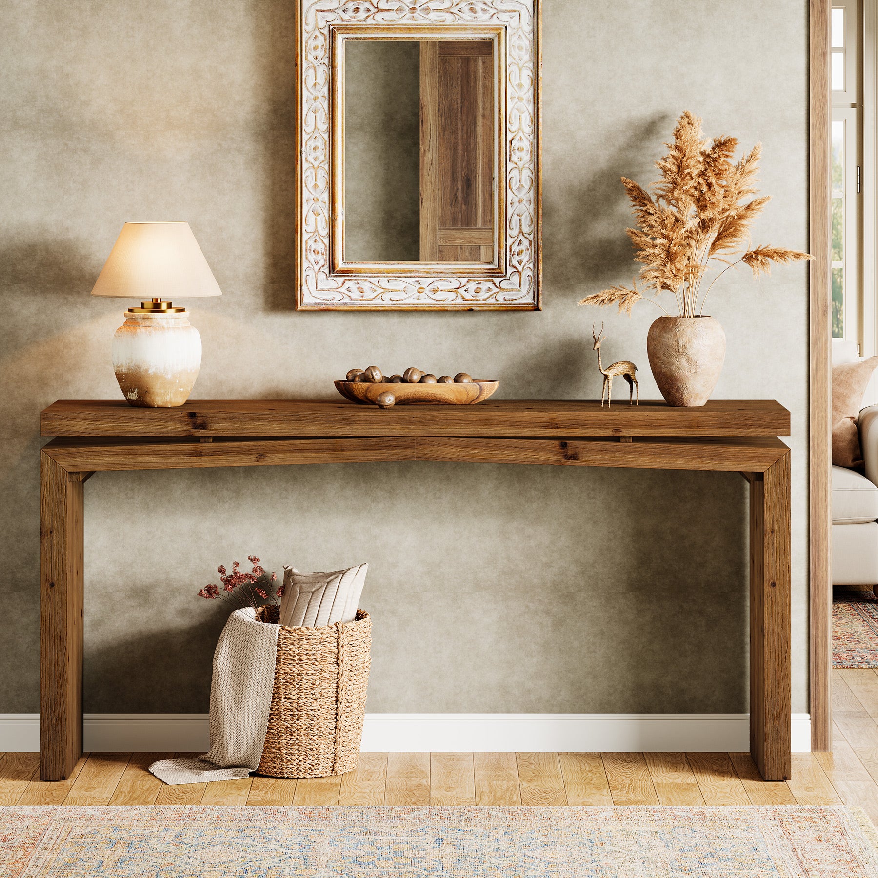 63-Inch Solid Wood Farmhouse Console Table, Long Sofa Table for Entryway