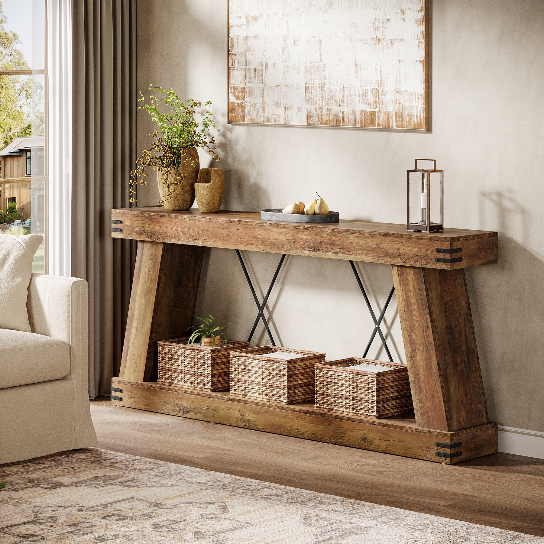 70.87" Farmhouse Console Table, Industrial Long Sofa Table with Storage for Entryway and Living Room