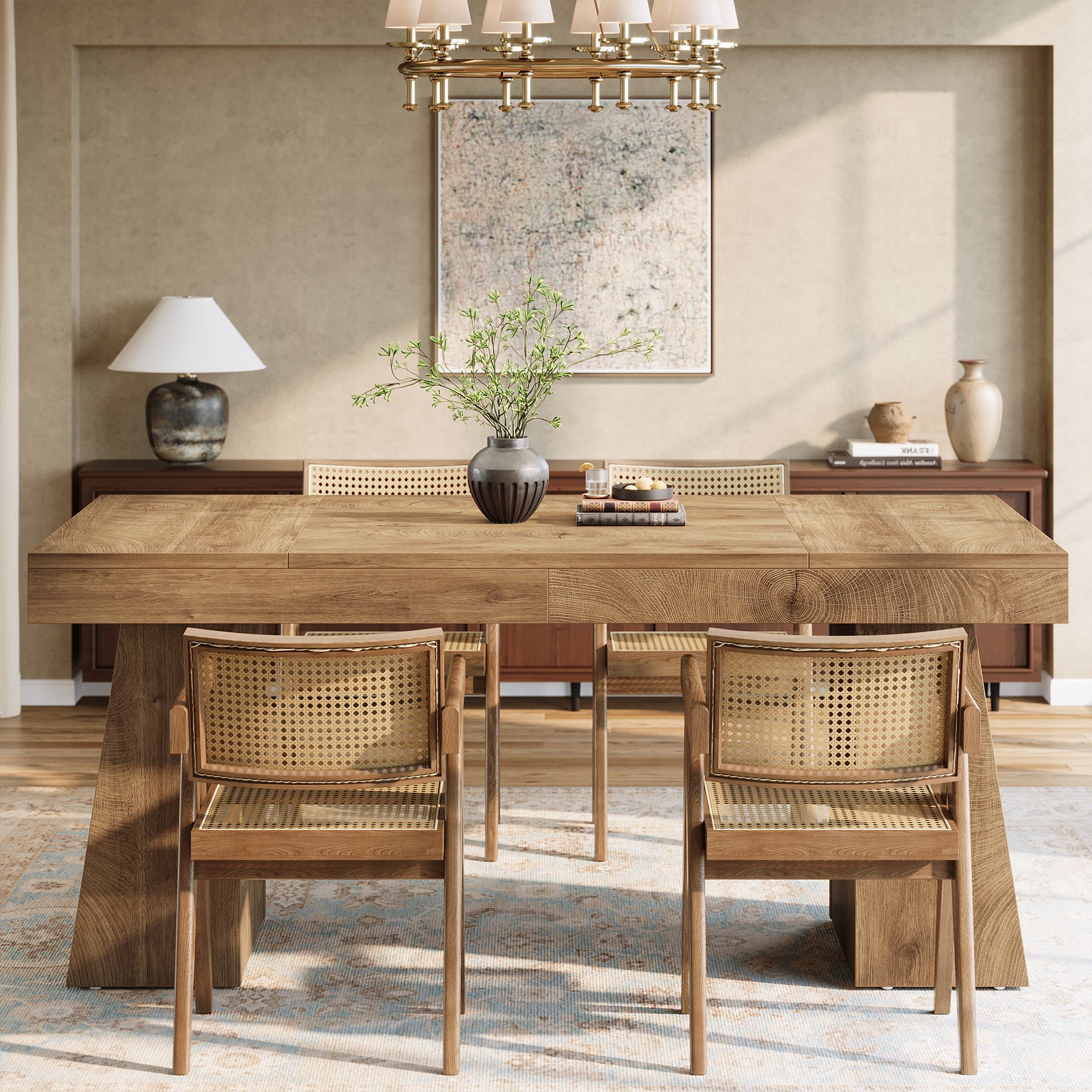 Tribesigns 55-Inch Dining Table for 4-6 People, Rectangular Farmhouse Kitchen Table with Double Pedestal Base