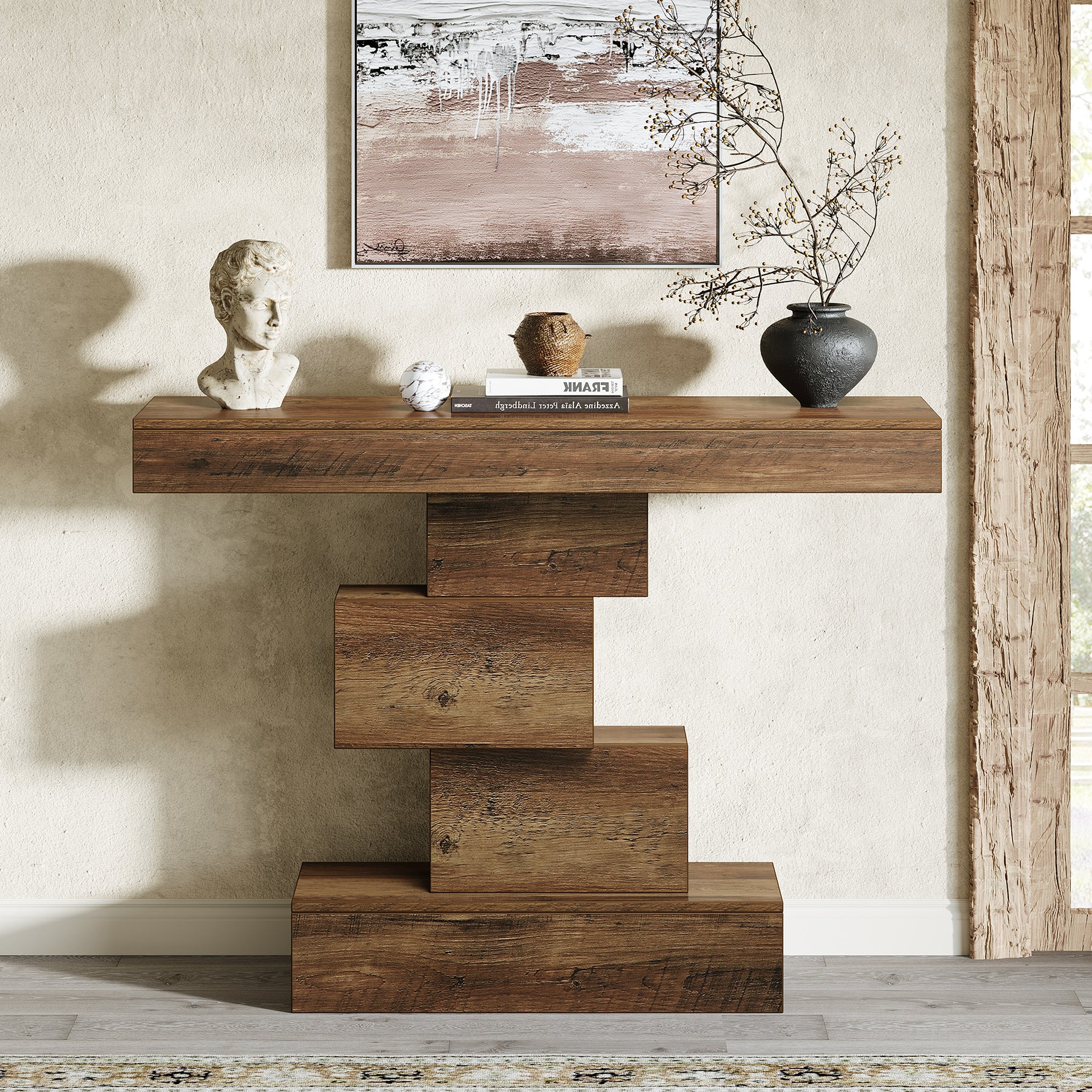 42" Console Table, Wood Sofa Table Accent Table with Geometric Base