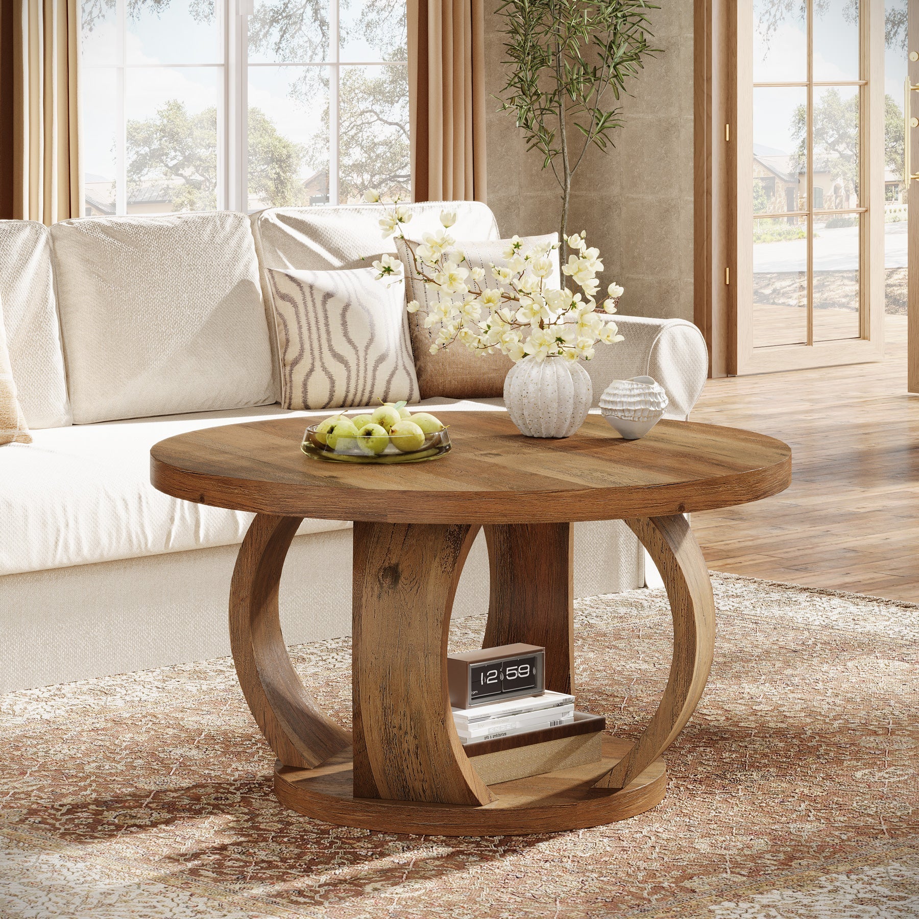 Tribesigns 31.5" Wooden Circle Coffee Table, 2-Tier Storage for Small Spaces