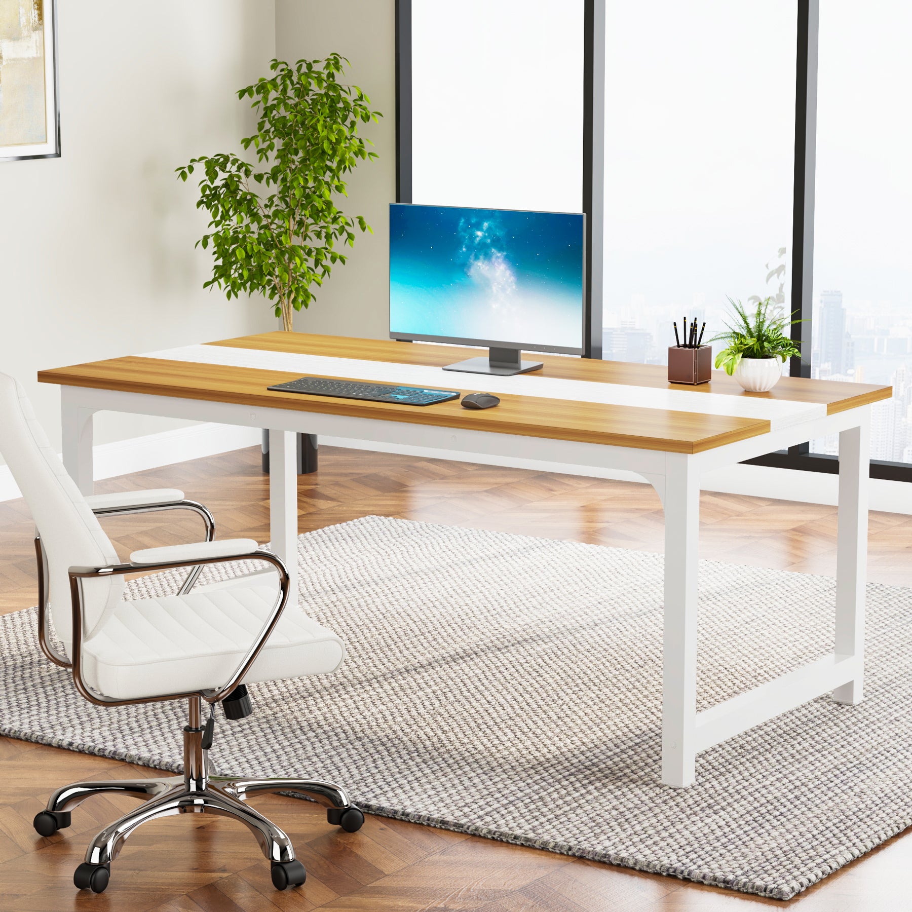63 x 31.5 Inch Modern Large Desk, Office Writing Workstation in Rustic and Black