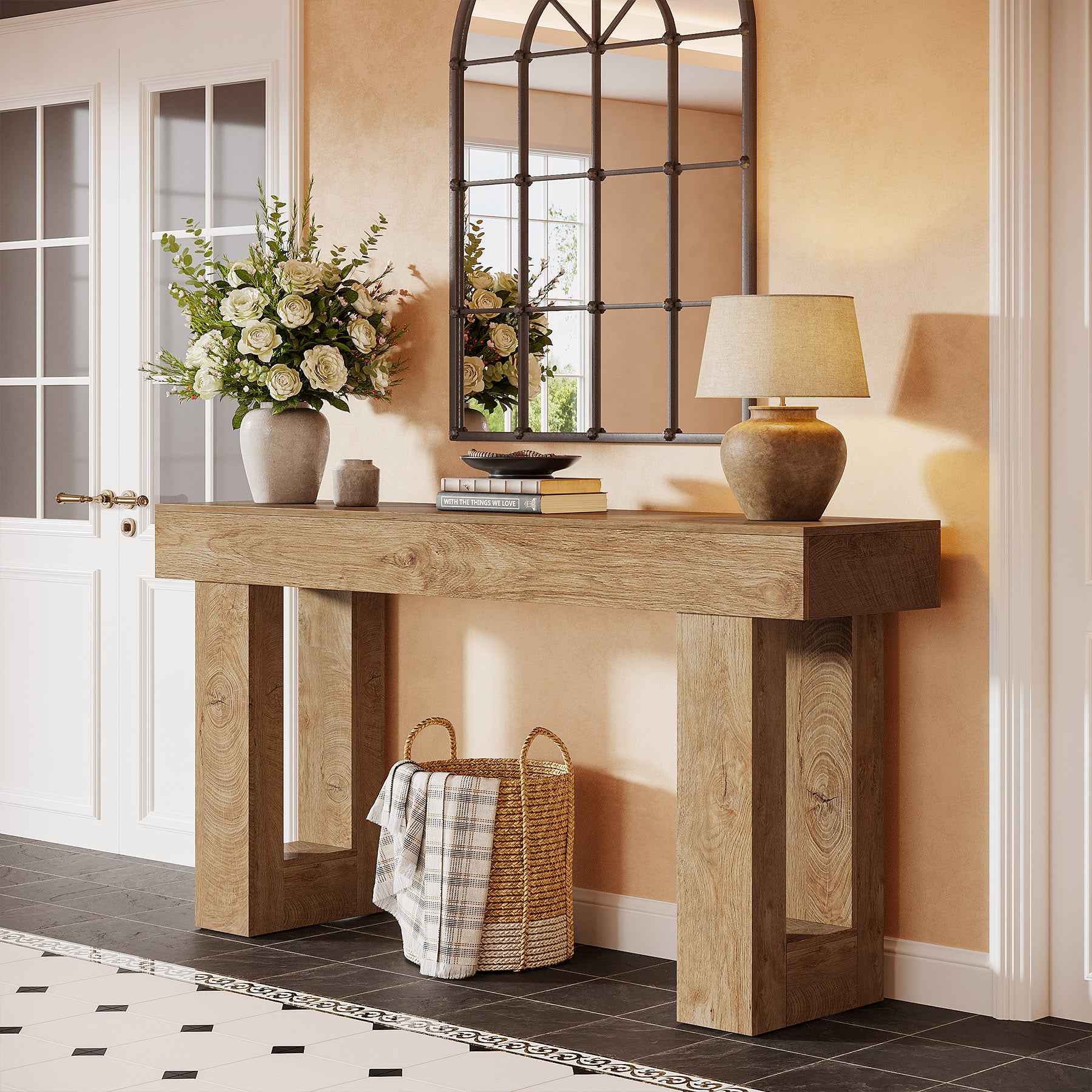 63" Farmhouse Console Table, Rectangular Wooden Accent Table for Entryway and Living Room
