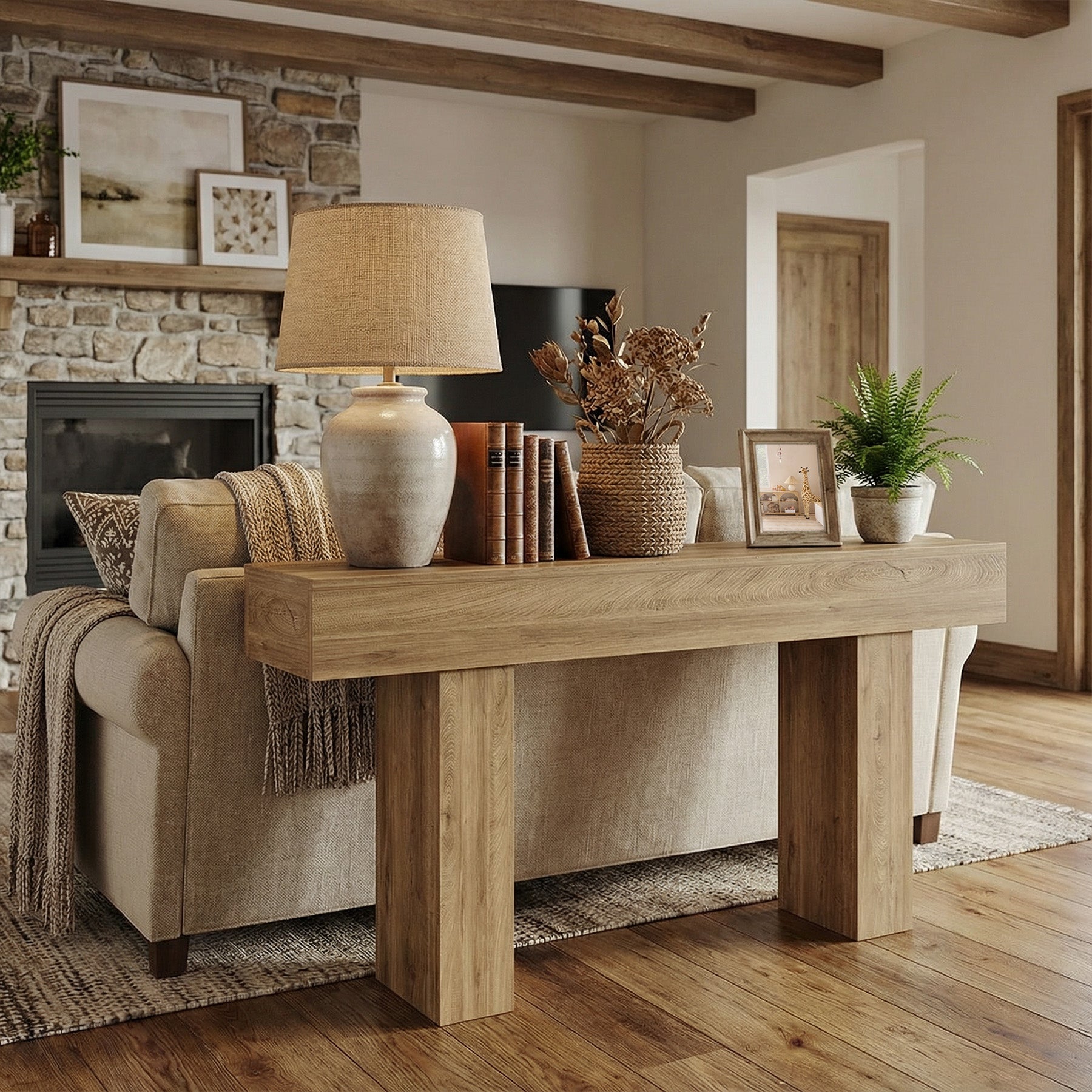 63" Distressed Wood Console Table, 2-Tier Sofa & Entry Table