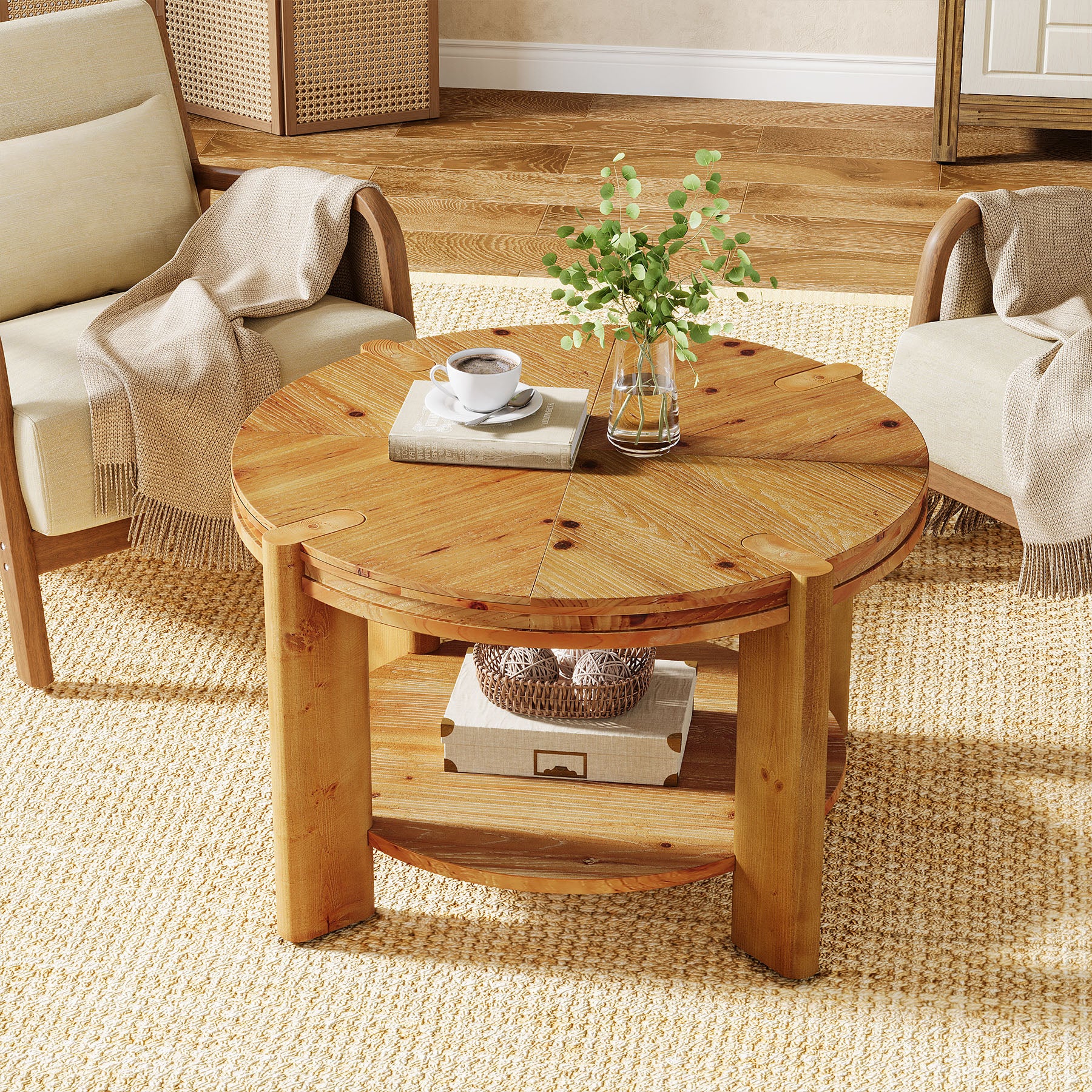 29.5 Inch Solid Wood Round Coffee Table, Farmhouse 2-Tier Circle Center Table with Open Storage Shelf for Living Room Apartment