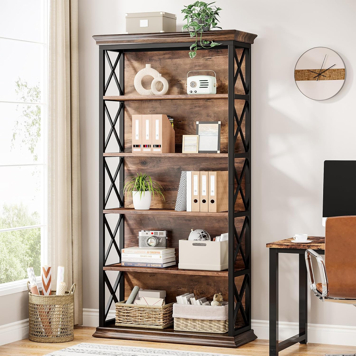 71" Industrial 6-Tier Bookcase - 5-Shelf Floor Standing Storage Unit in Brown & Black