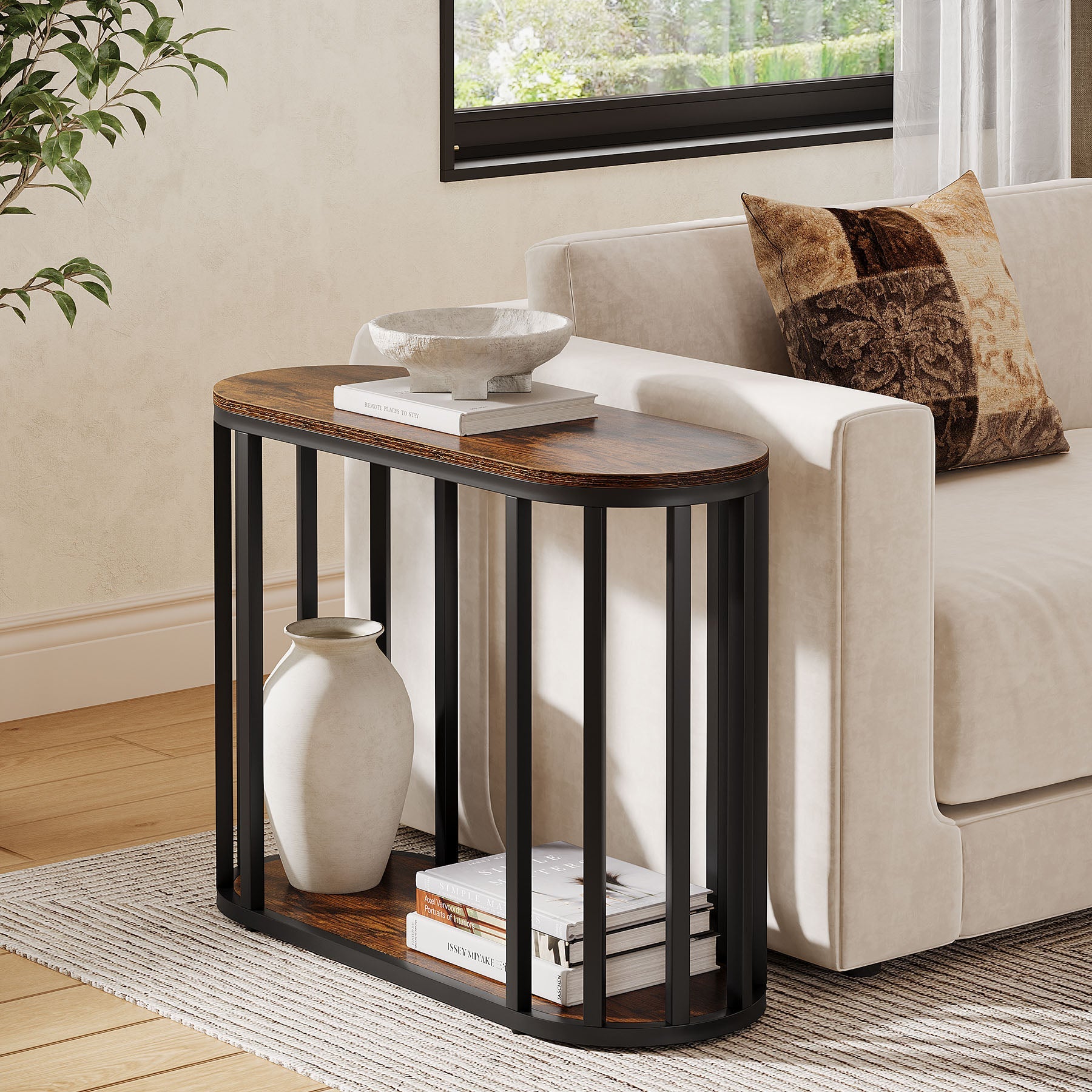 2-Tier Narrow End Table with Storage Shelf, Industrial Side Table Nightstand