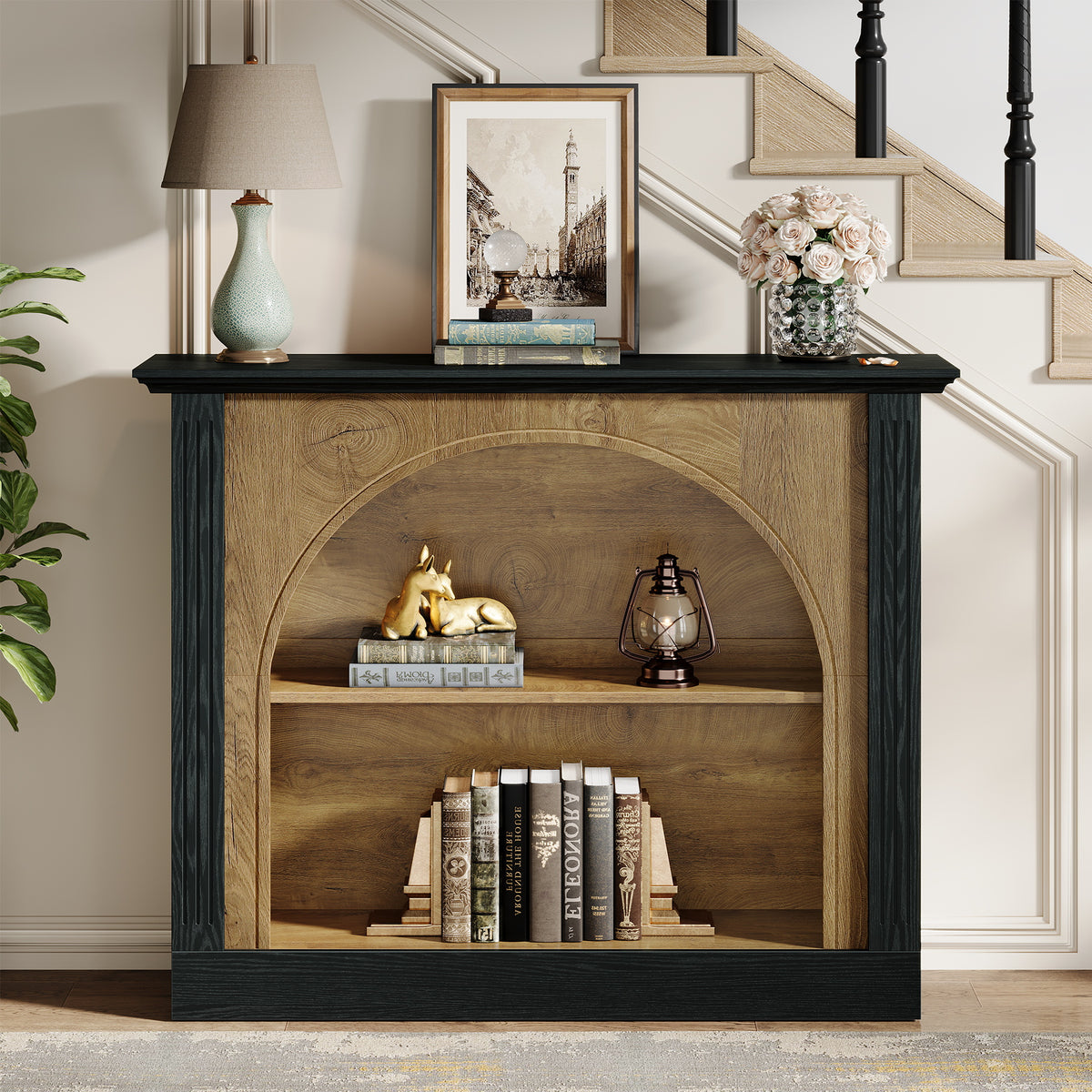 43.3 Inch Narrow Console Table with 3-Tier Storage and Semi-Open Design, Mid-Century Sofa Table for Living Room