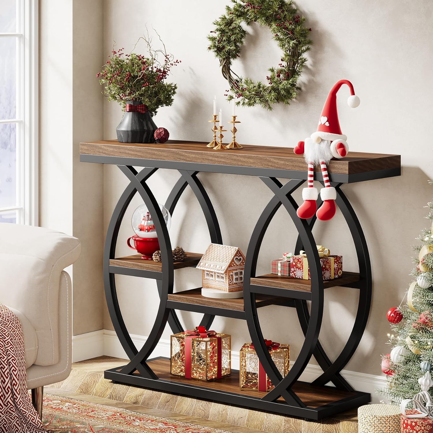 Tribesigns 39.4-Inch 4-Tier Console Table with Geometric Metal Frame, Sofa Table for Hallway Foyer and Small Spaces