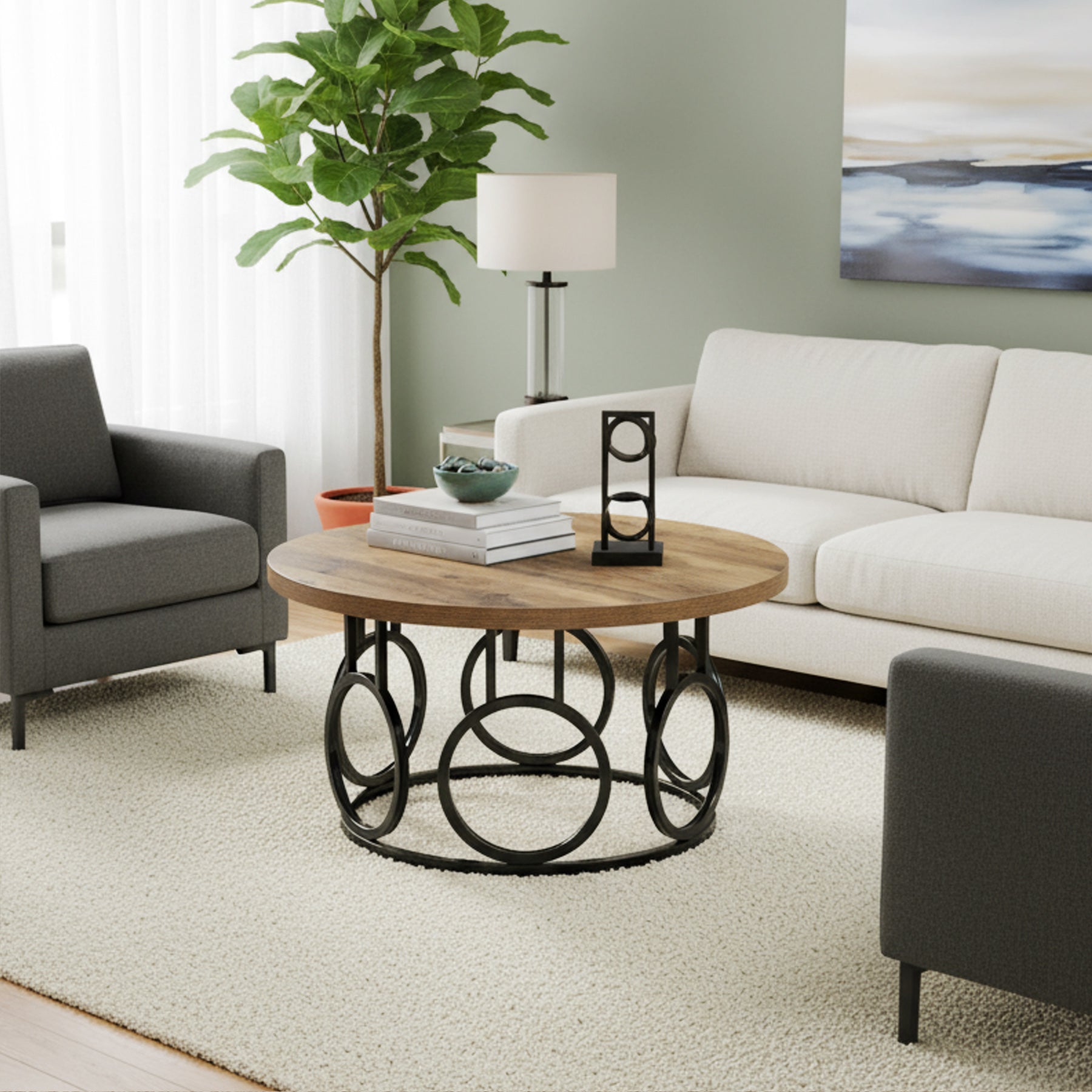 31.5-Inch Round Coffee Table, Rustic Wood Grain and Metal Base with Industrial Design