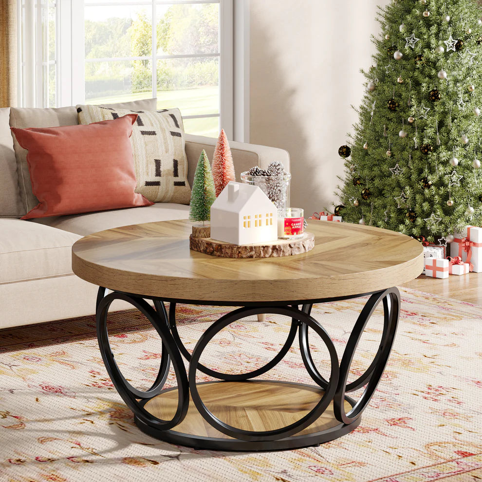 Tribesigns Coffee Table, Round Center Table with 2 Storage Shelves