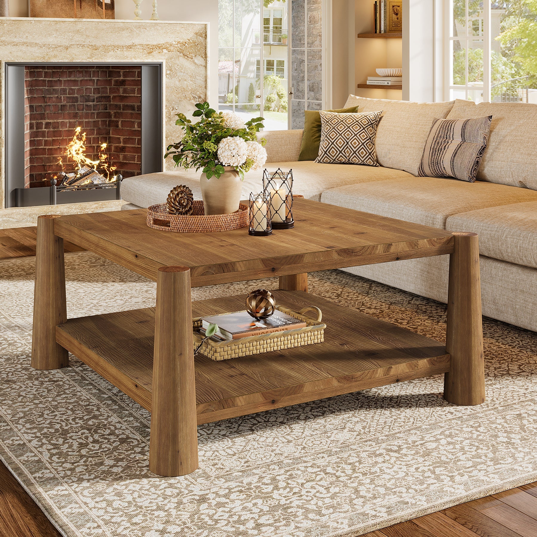 34" Square Solid Wood 2-Tier Coffee Table, Farmhouse Storage Brown