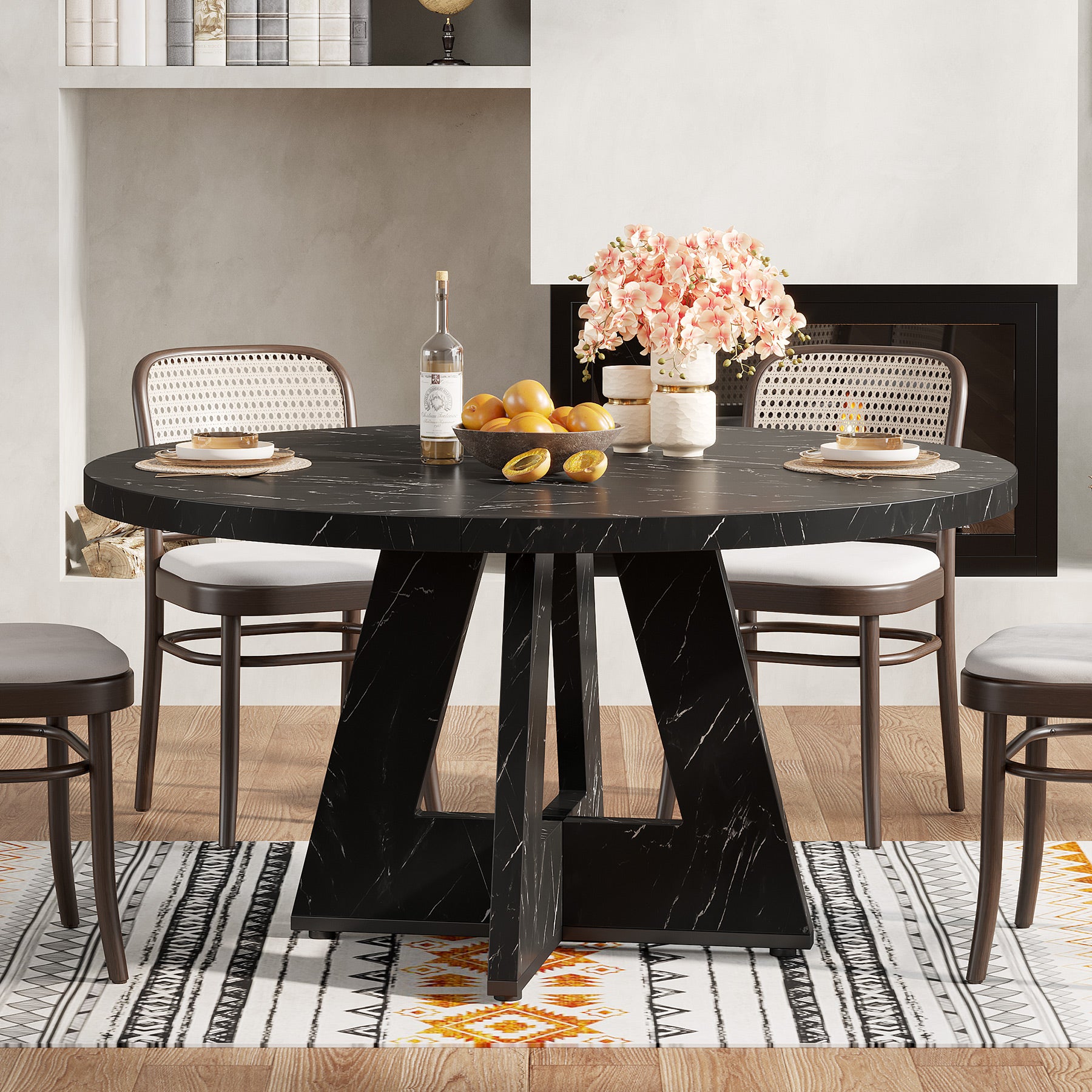 47-Inch Round Dining Table, Farmhouse Wood Kitchen Table for 4-6 with Cross Base
