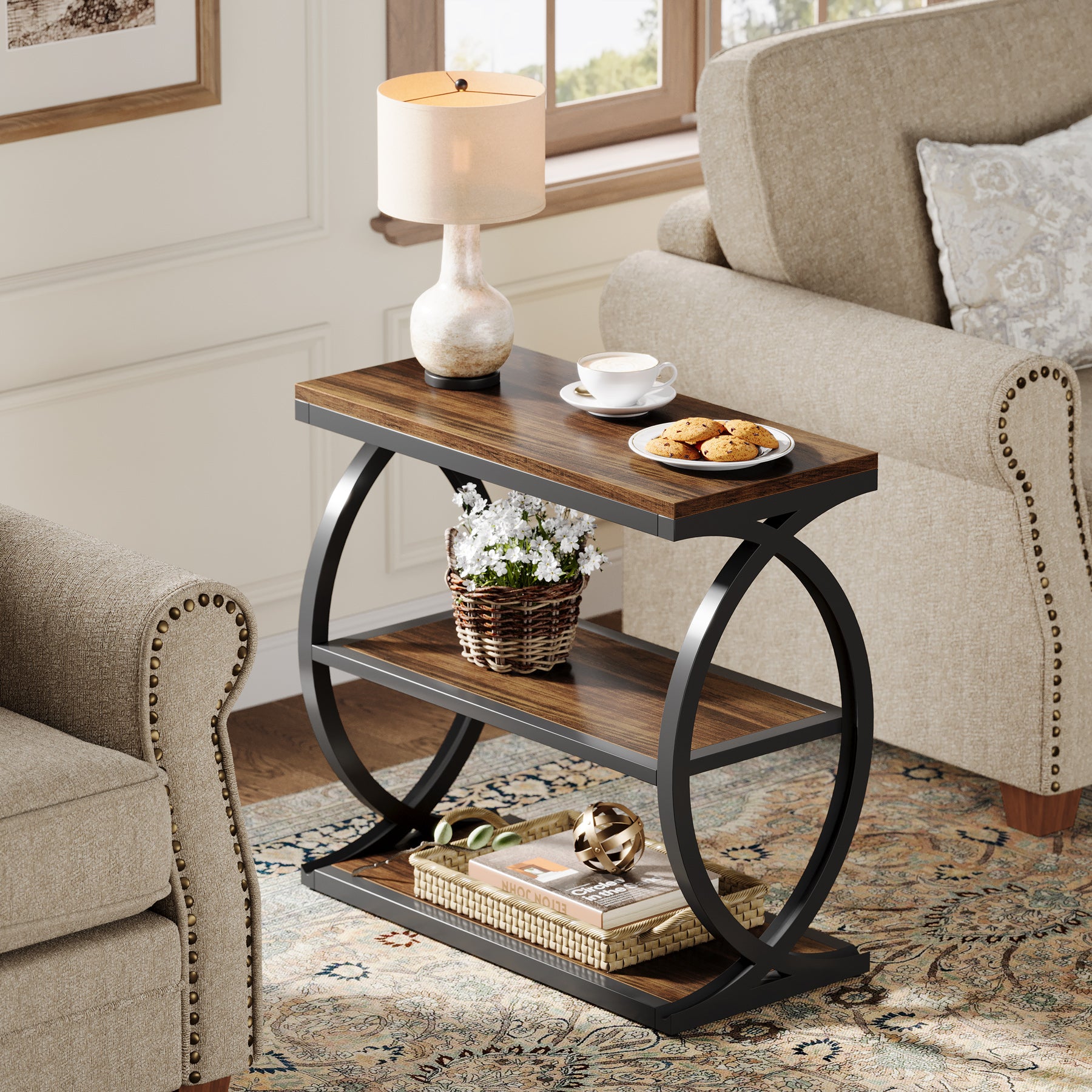 23.62" Rustic Brown Narrow End Table, 3-Tier Industrial Wood & Metal Side Table for Small Space