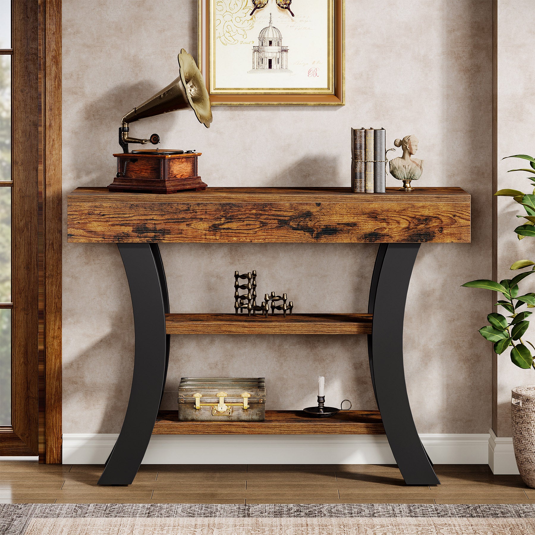 41.34" Rustic Console Table, 3-Tier Entryway Table with Curved Frame for Living Room