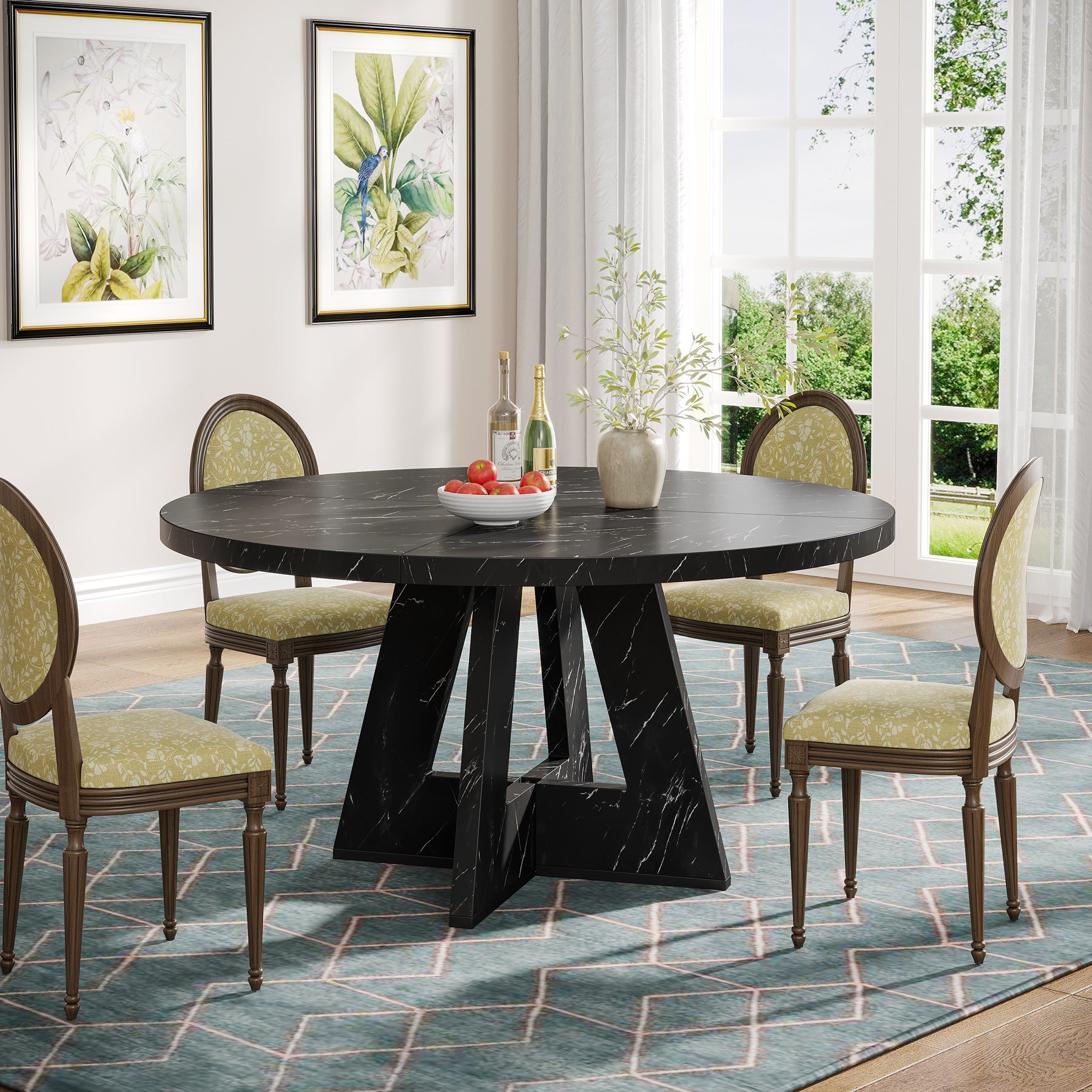 47-Inch Round Dining Table, Farmhouse Wood Kitchen Table for 4-6 with Cross Base