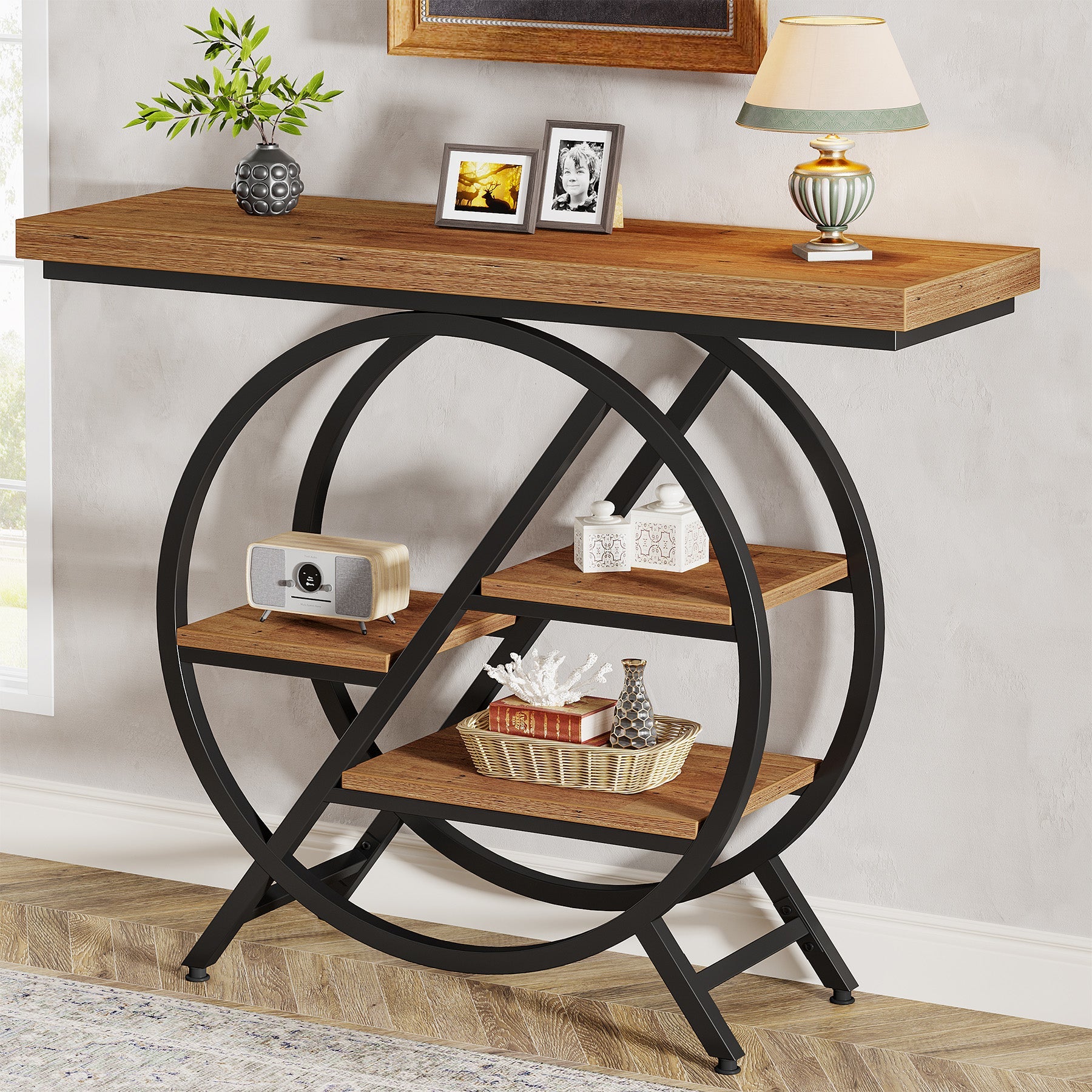 4-Tier Console Table, 39.4" Entryway Table with Geometric Metal Frame