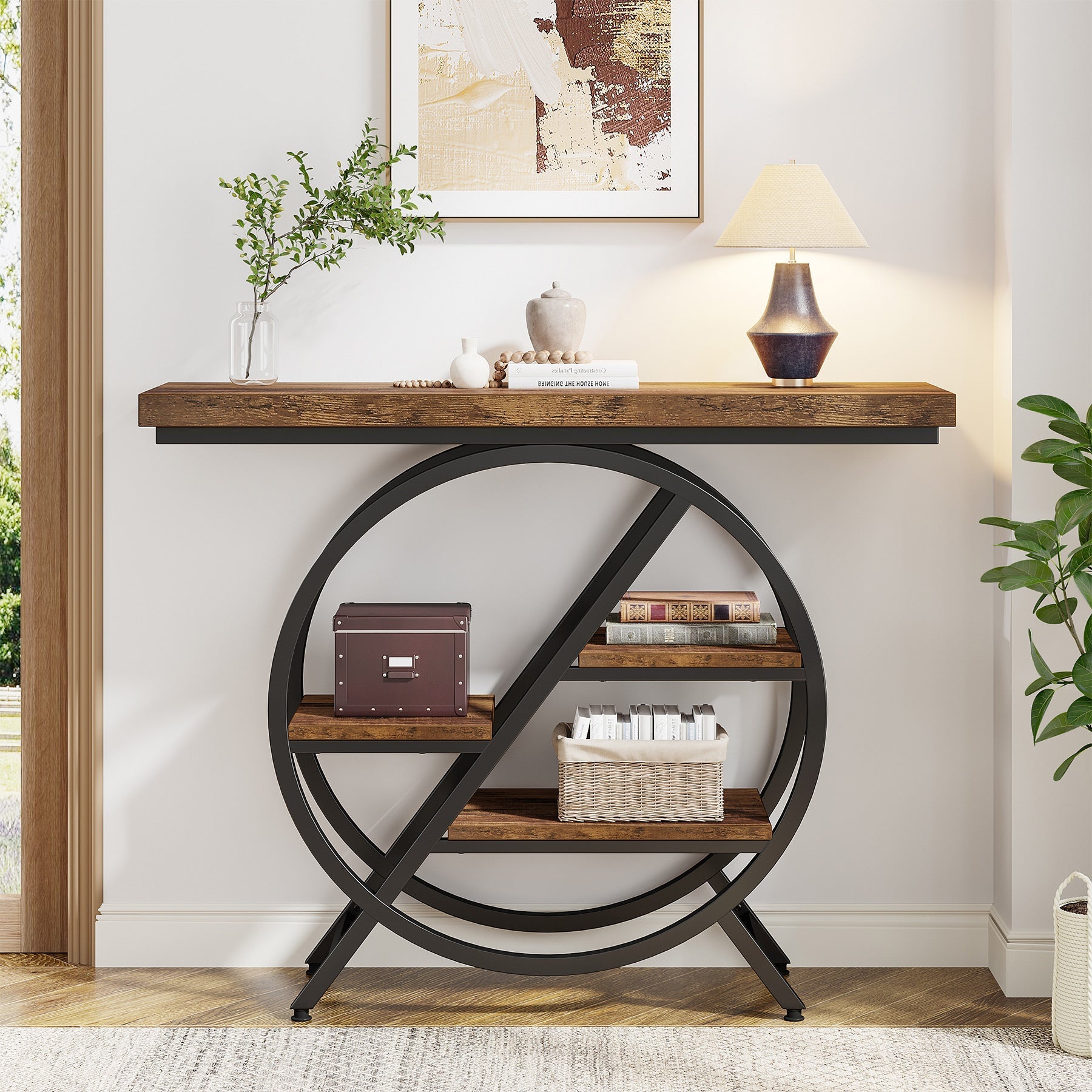 4-Tier Console Table, 39.4" Entryway Table with Geometric Metal Frame