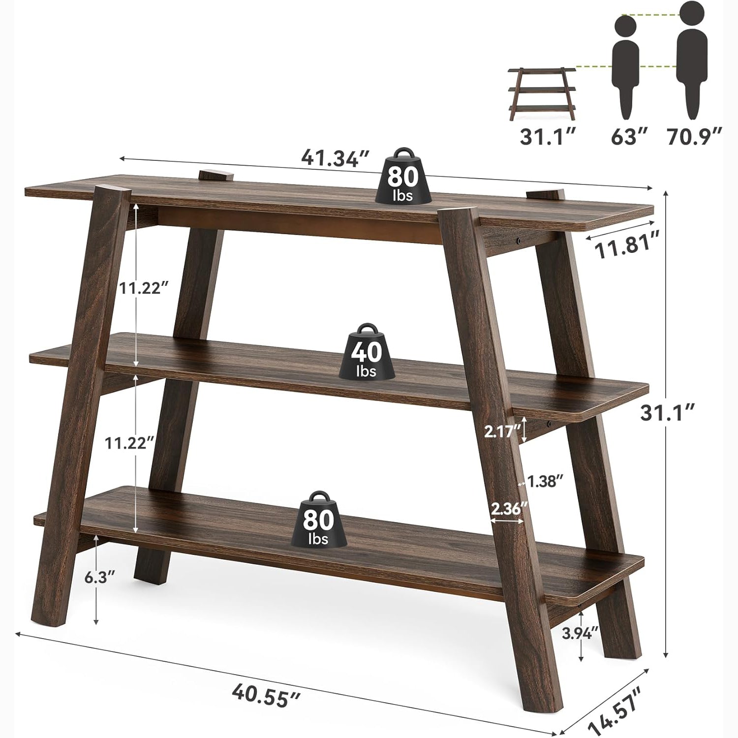 41.3" Rustic Farmhouse Console Table - 3-Tier Narrow Sofa Table with Open Shelves