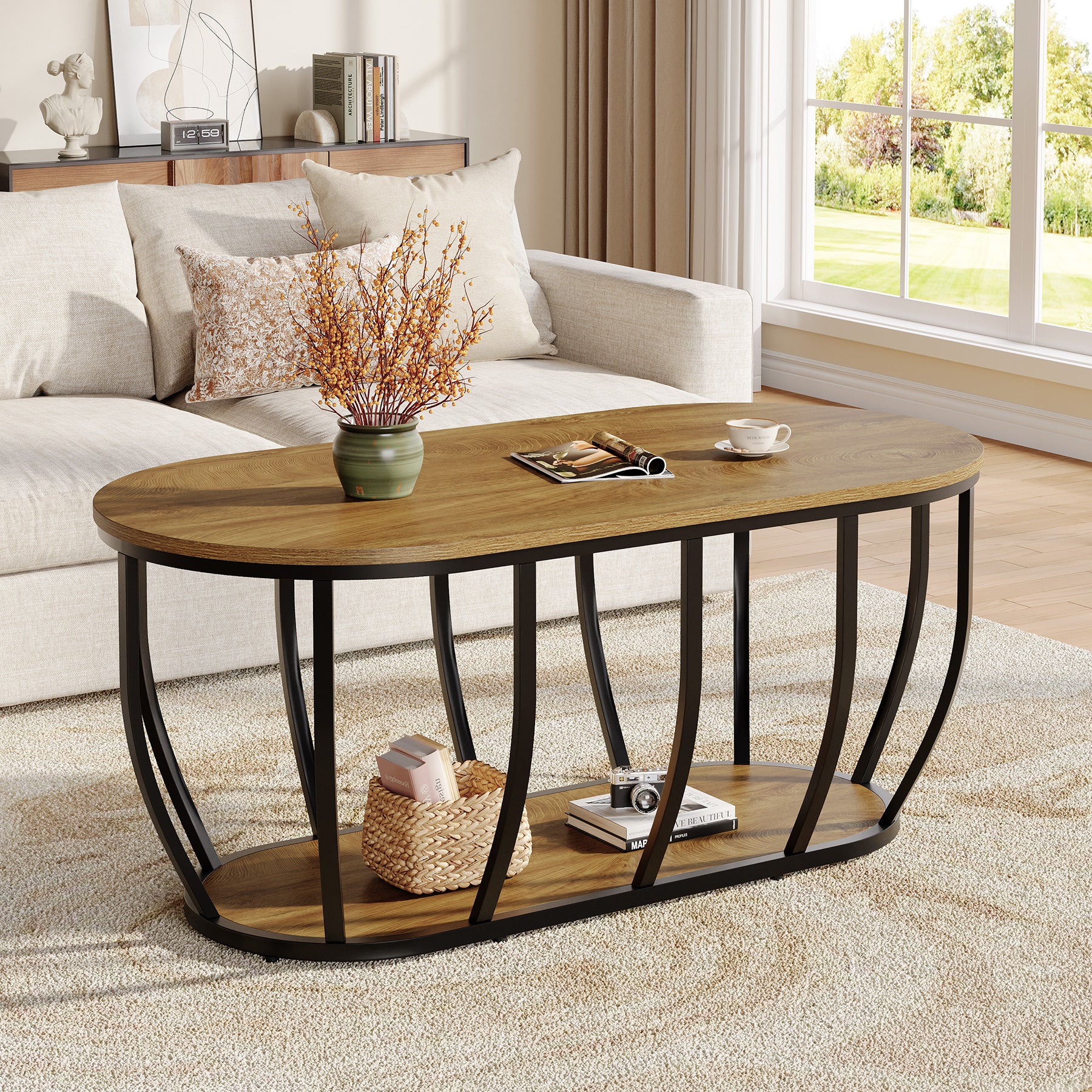 Tribesigns 47.2-Inch Oval Industrial Coffee Table, 2-Tier Wooden Center Table with Curved Metal Base