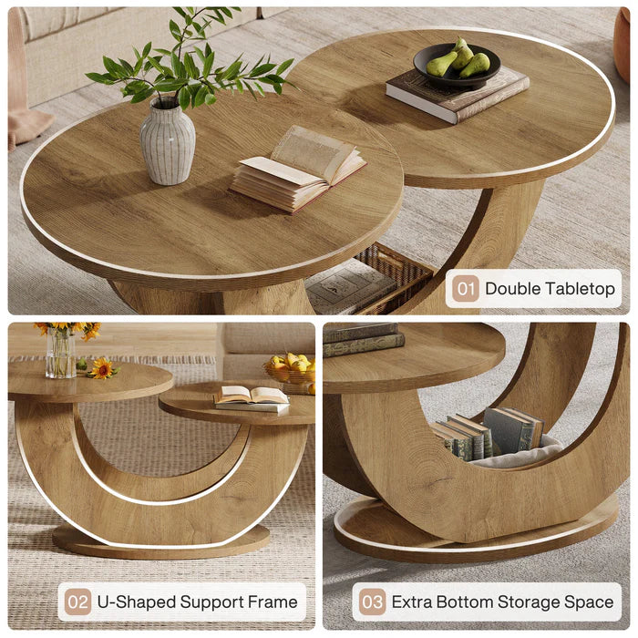 Modern U-Shaped Coffee Table - 45" Wide with 2 Display Shelves