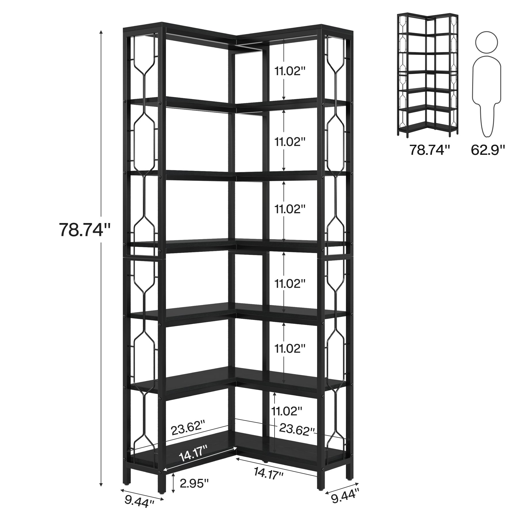 78.7-Inch 7-Tier Corner Bookcase with Hexagon-Pattern Side Panels, Tall Display Unit for Living Room