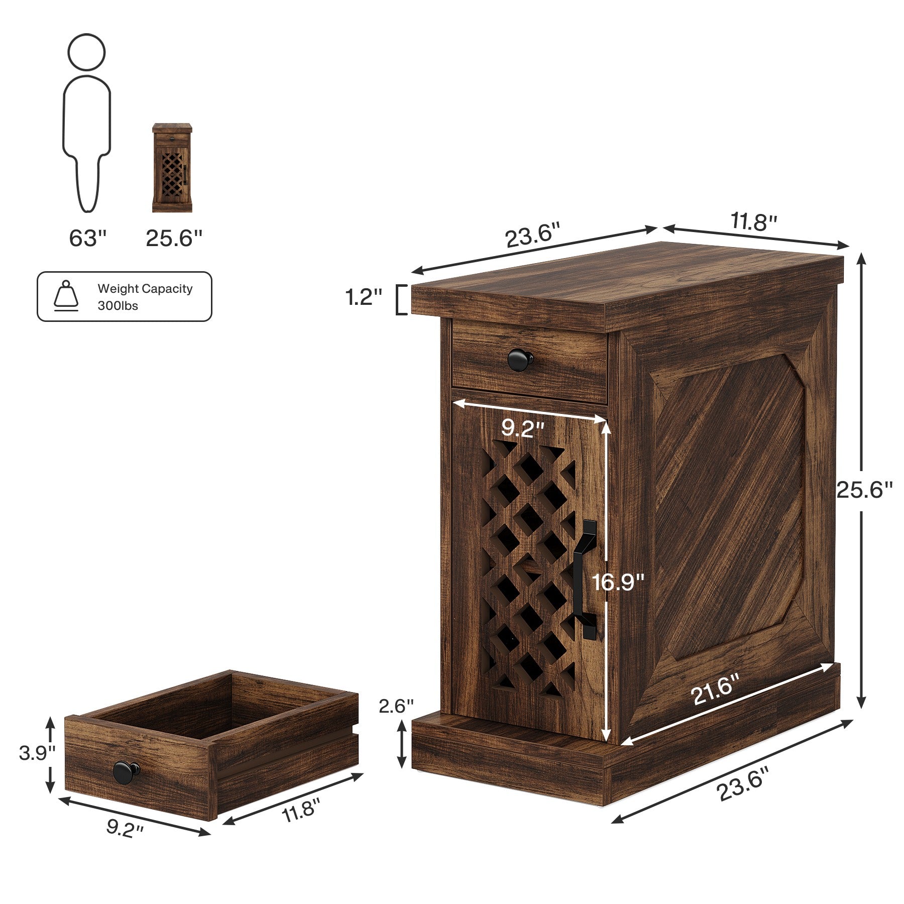 Rustic Side Table, 3-Layer Storage Space End Table