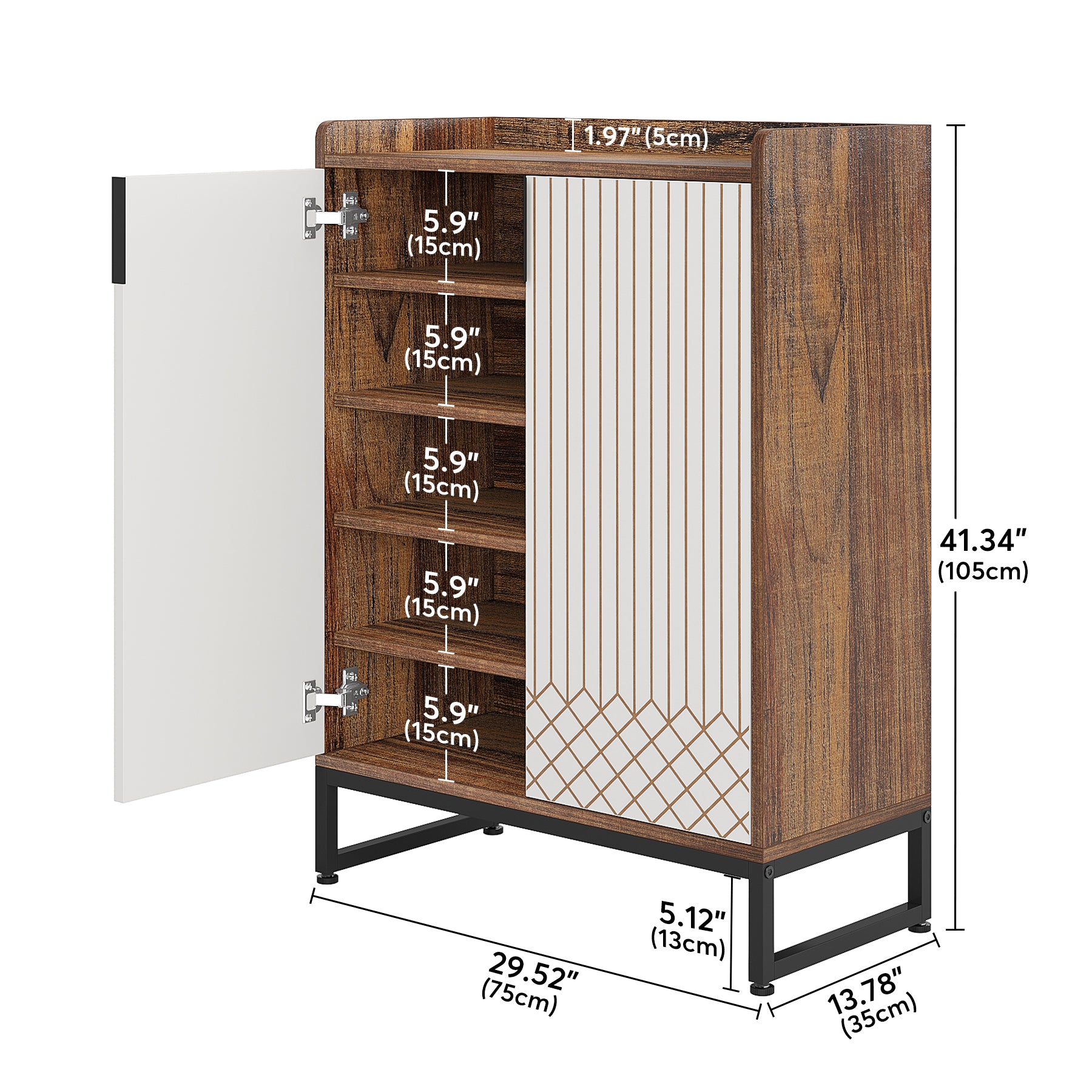 Tribesigns White 5-Tier Freestanding Wood Shoes Cabinet with Gold Metal Frame