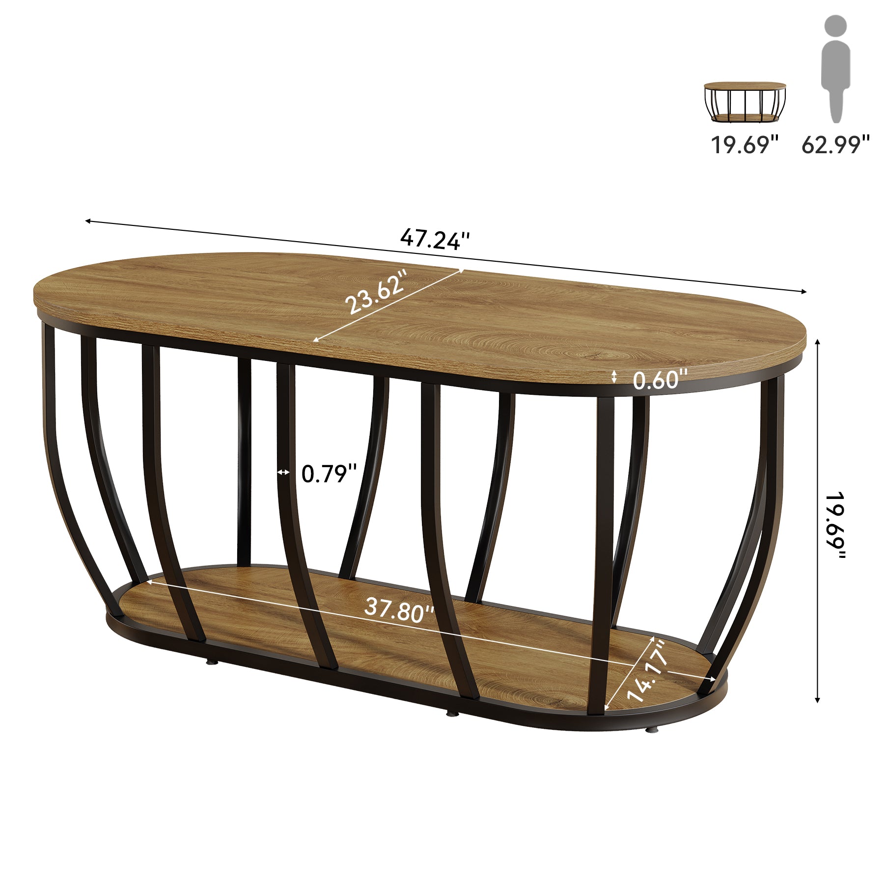 Tribesigns 47.2-Inch Oval Industrial Coffee Table, 2-Tier Wooden Center Table with Curved Metal Base