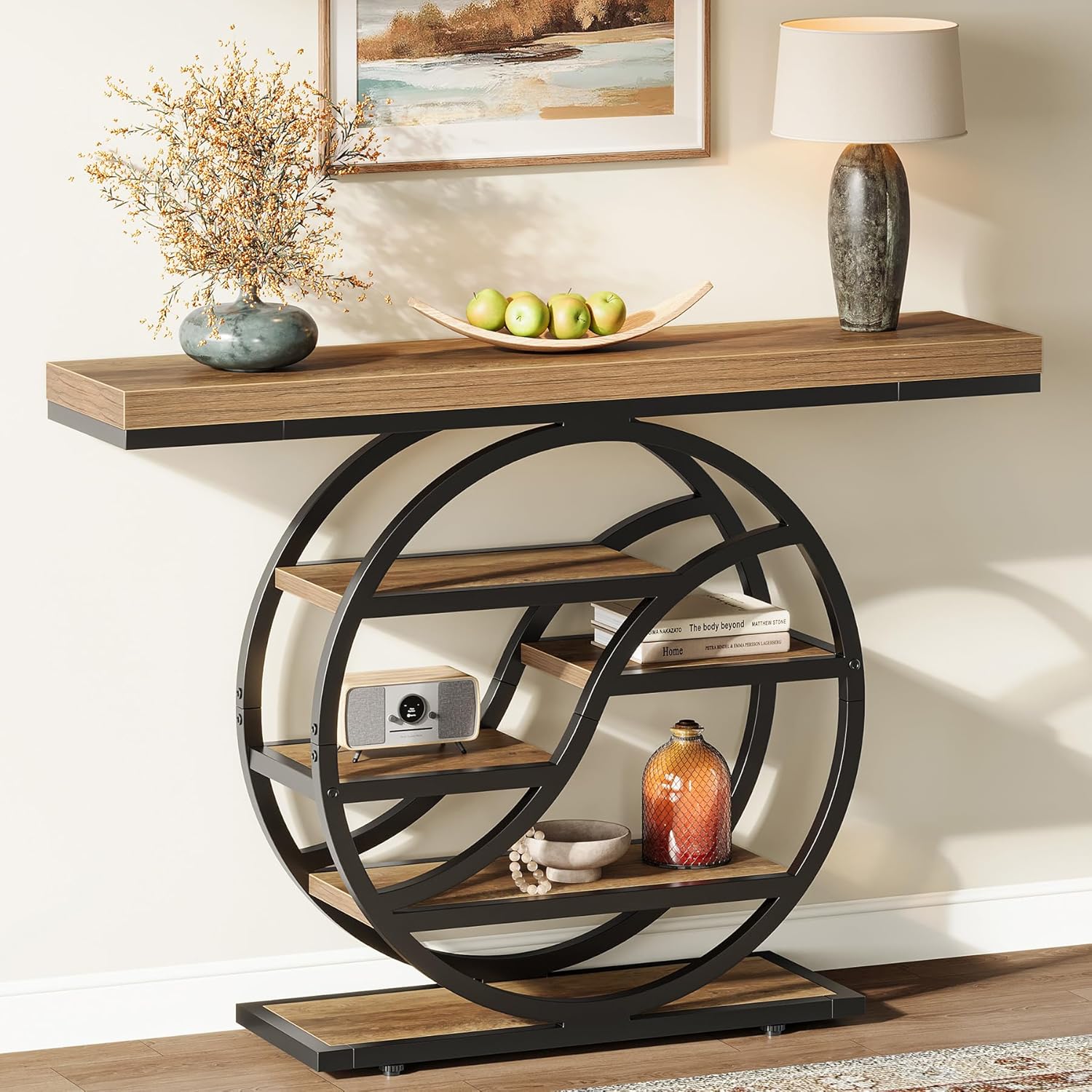 47" Industrial Console Table - 6-Tier Entryway Shelf w/Metal Frame