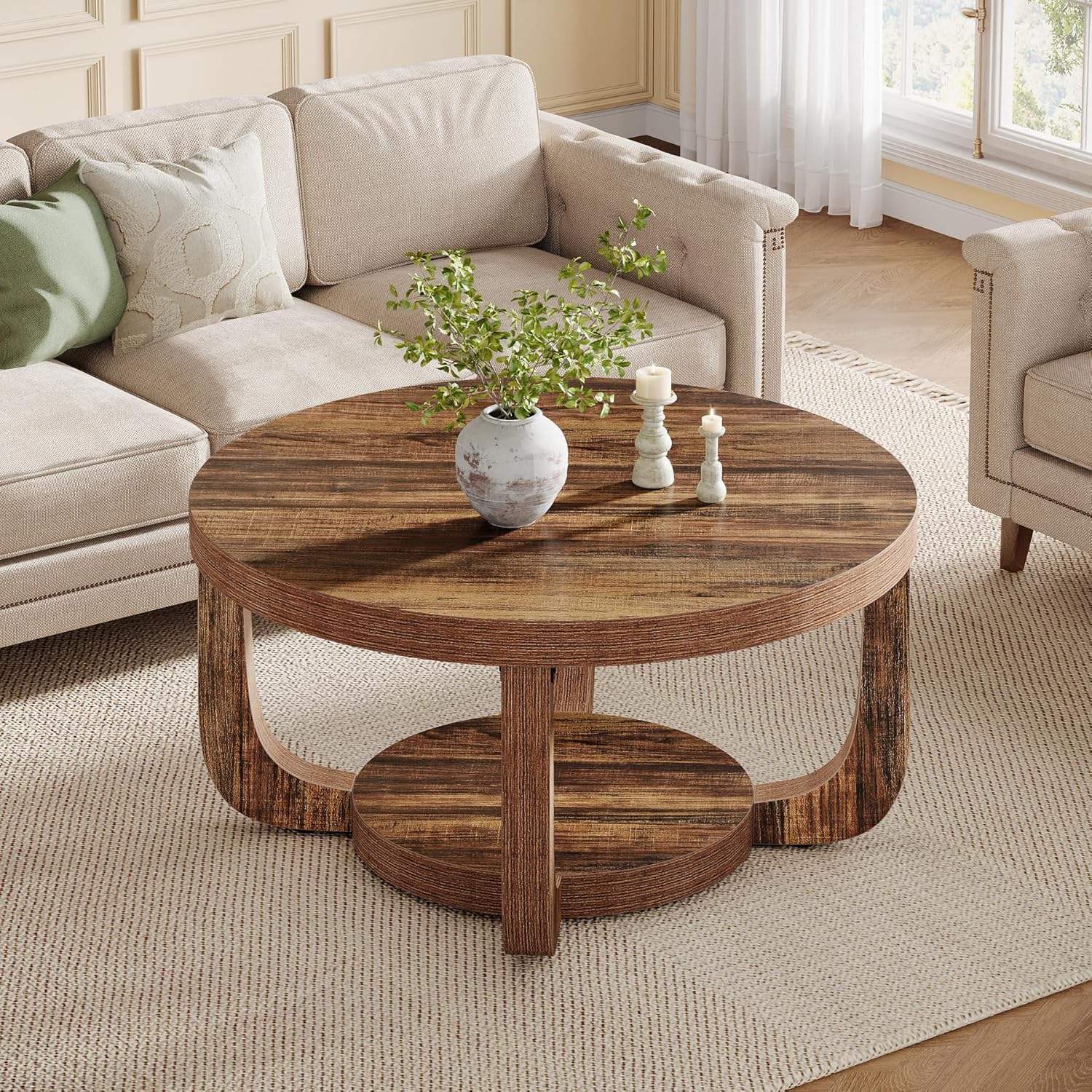 31.5" Round Coffee Table - 2-Tier Accent Center Table with Storage Shelf