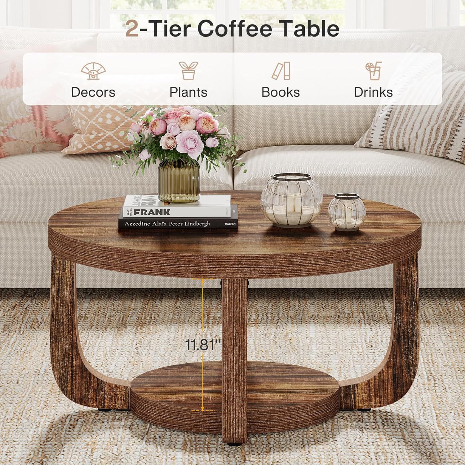 31.5" Round Coffee Table - 2-Tier Accent Center Table with Storage Shelf