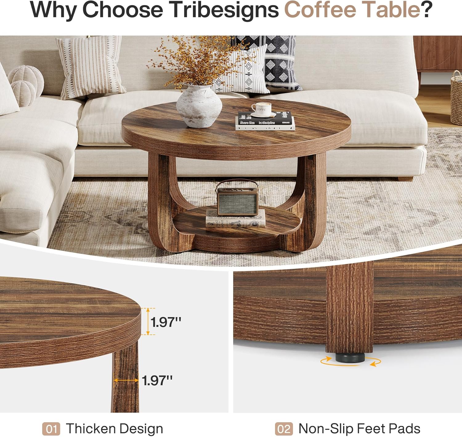 31.5" Round Coffee Table - 2-Tier Accent Center Table with Storage Shelf