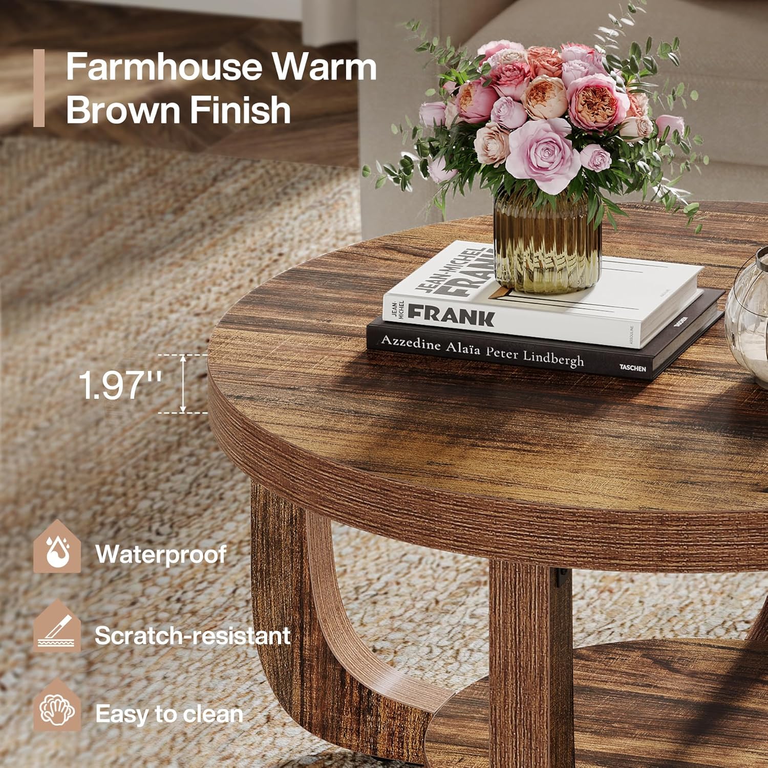 31.5" Round Coffee Table - 2-Tier Accent Center Table with Storage Shelf
