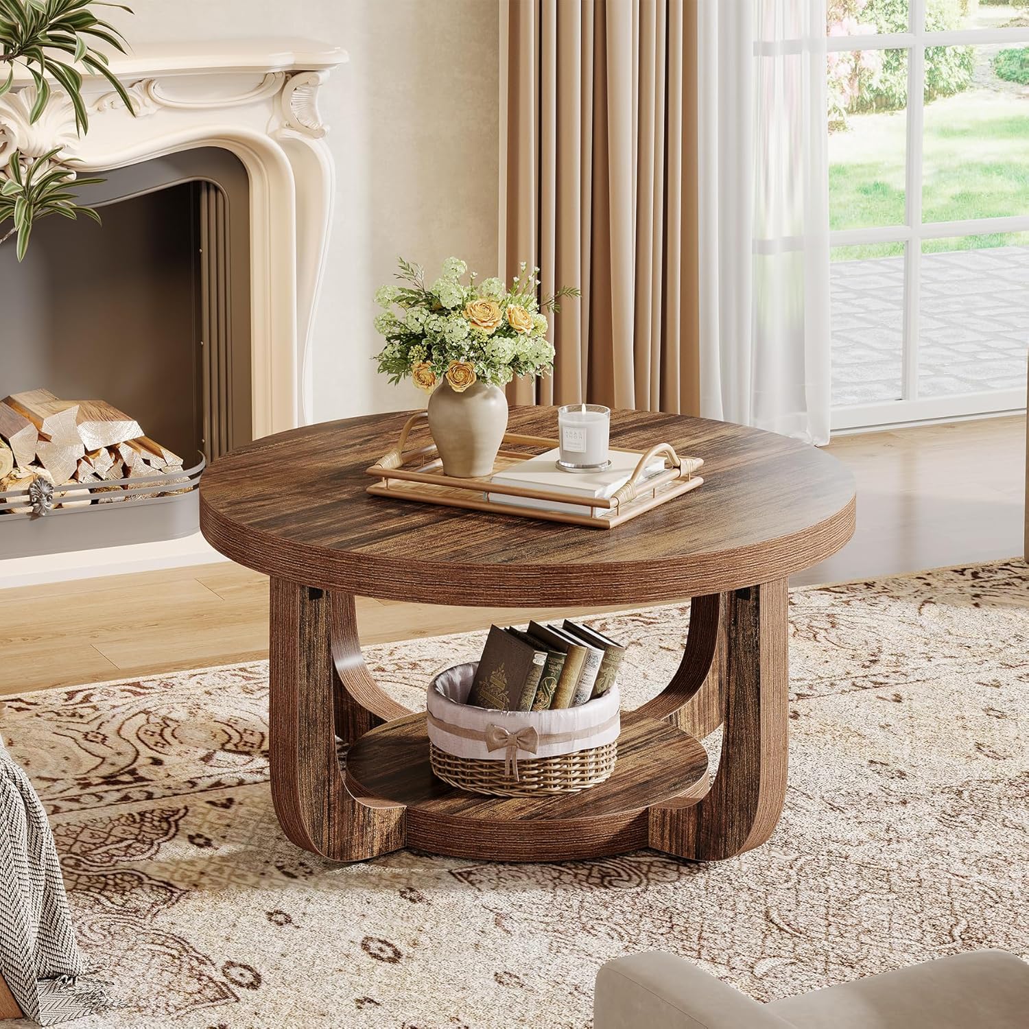 31.5" Round Coffee Table - 2-Tier Accent Center Table with Storage Shelf