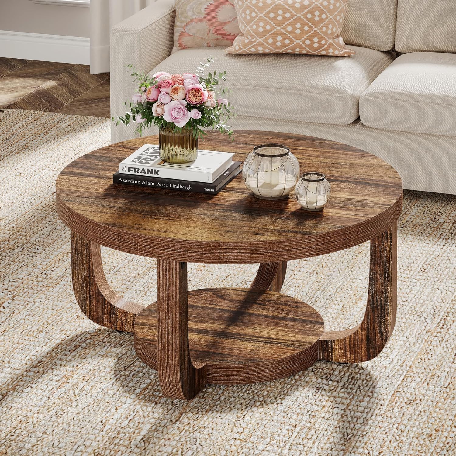 31.5" Round Coffee Table - 2-Tier Accent Center Table with Storage Shelf