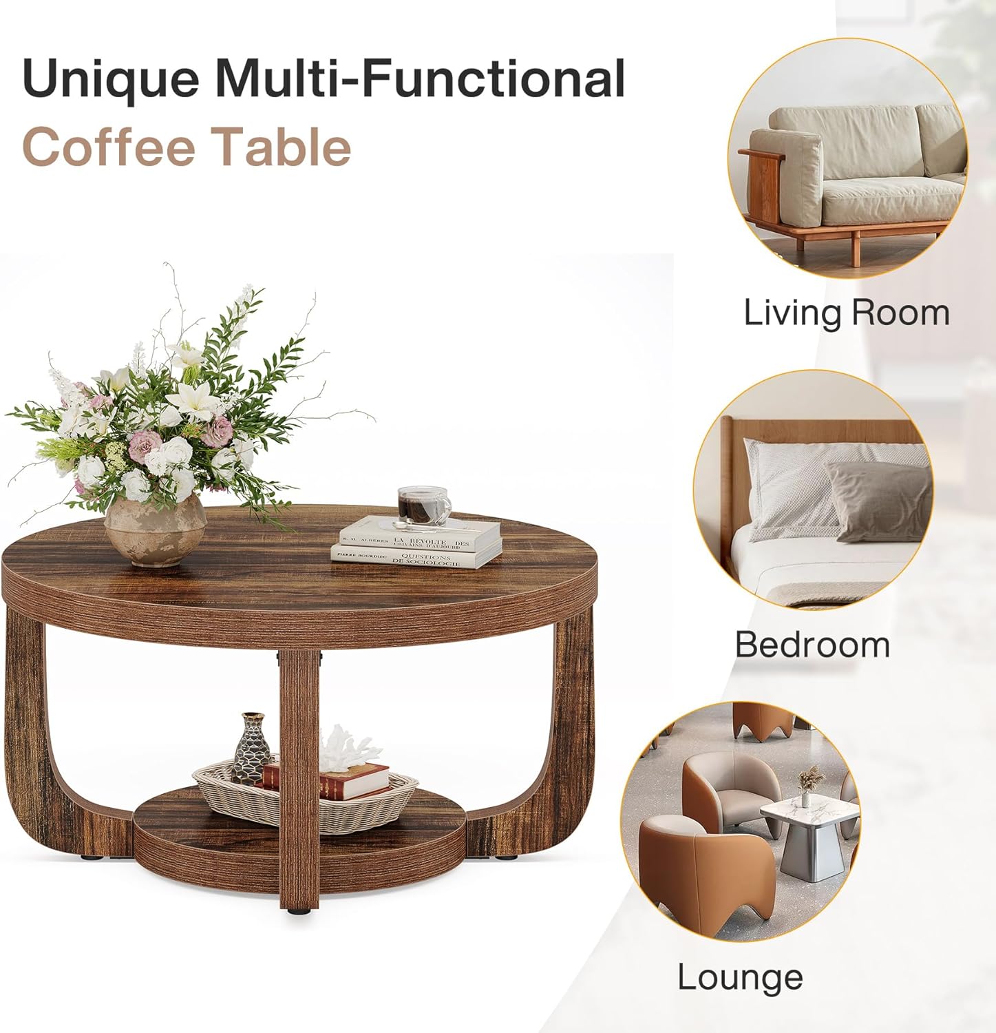 31.5" Round Coffee Table - 2-Tier Accent Center Table with Storage Shelf