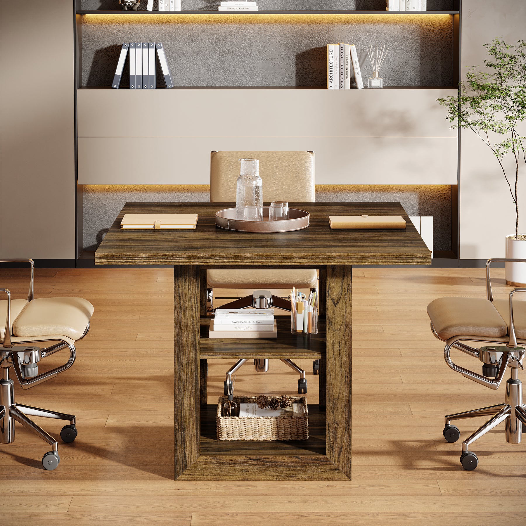 Tribesigns 31.5" Square Conference Table for 4, Compact Meeting Table with Storage Shelf