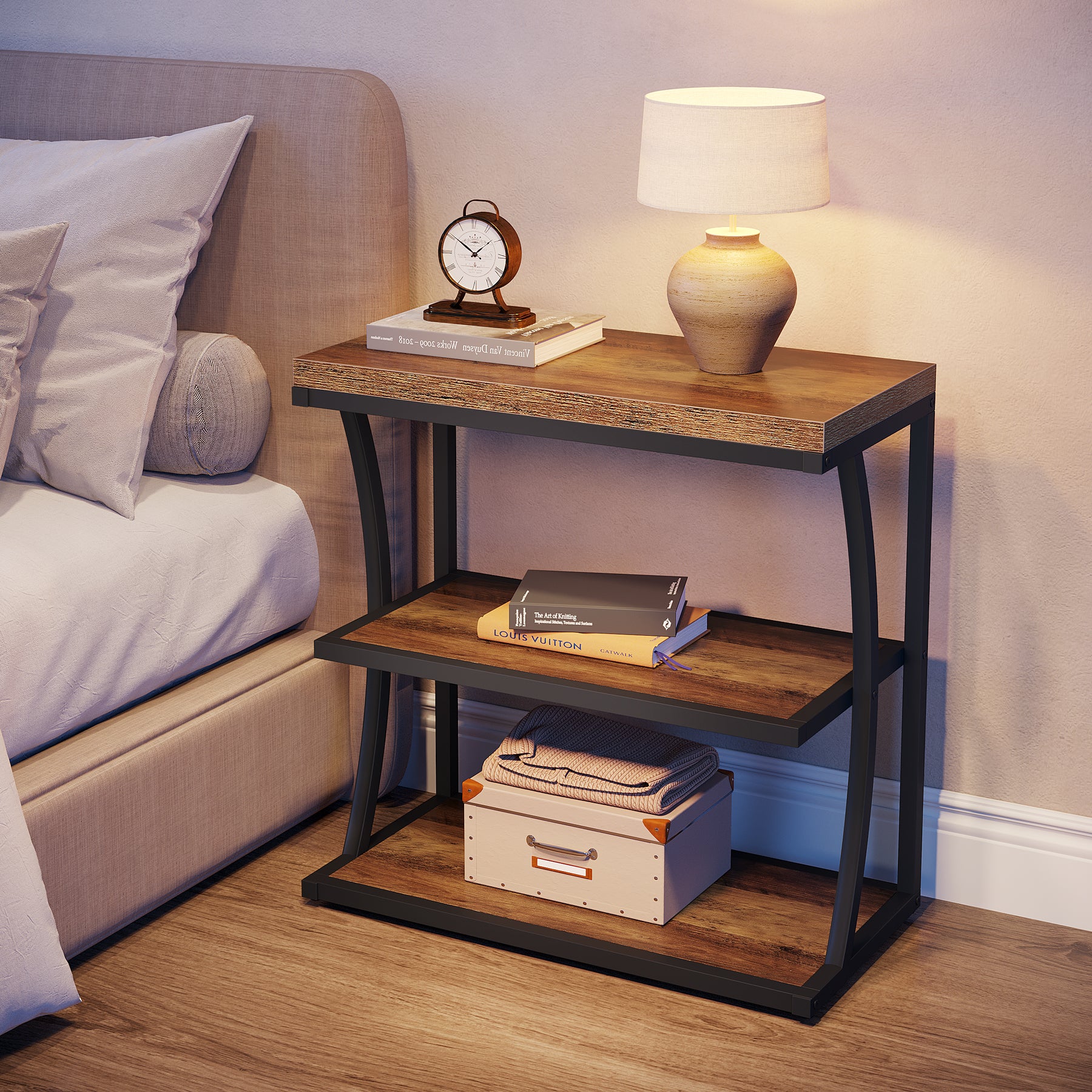 Tribesigns 23.62" Narrow Side Table, Small Metal and Wood Bedside Table with Storage