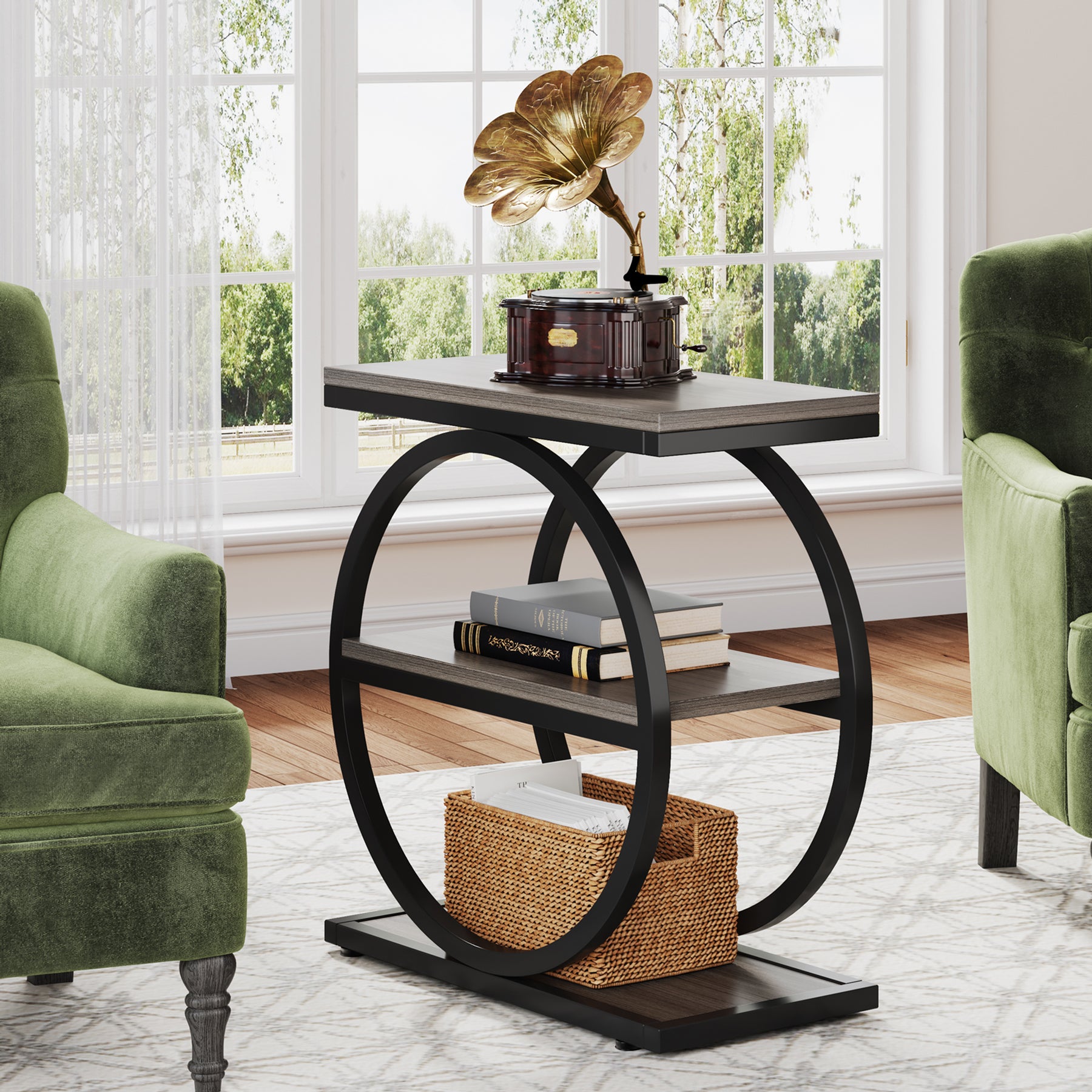3-Tier End Table, Industrial Sofa Side Table with Round Metal Frame