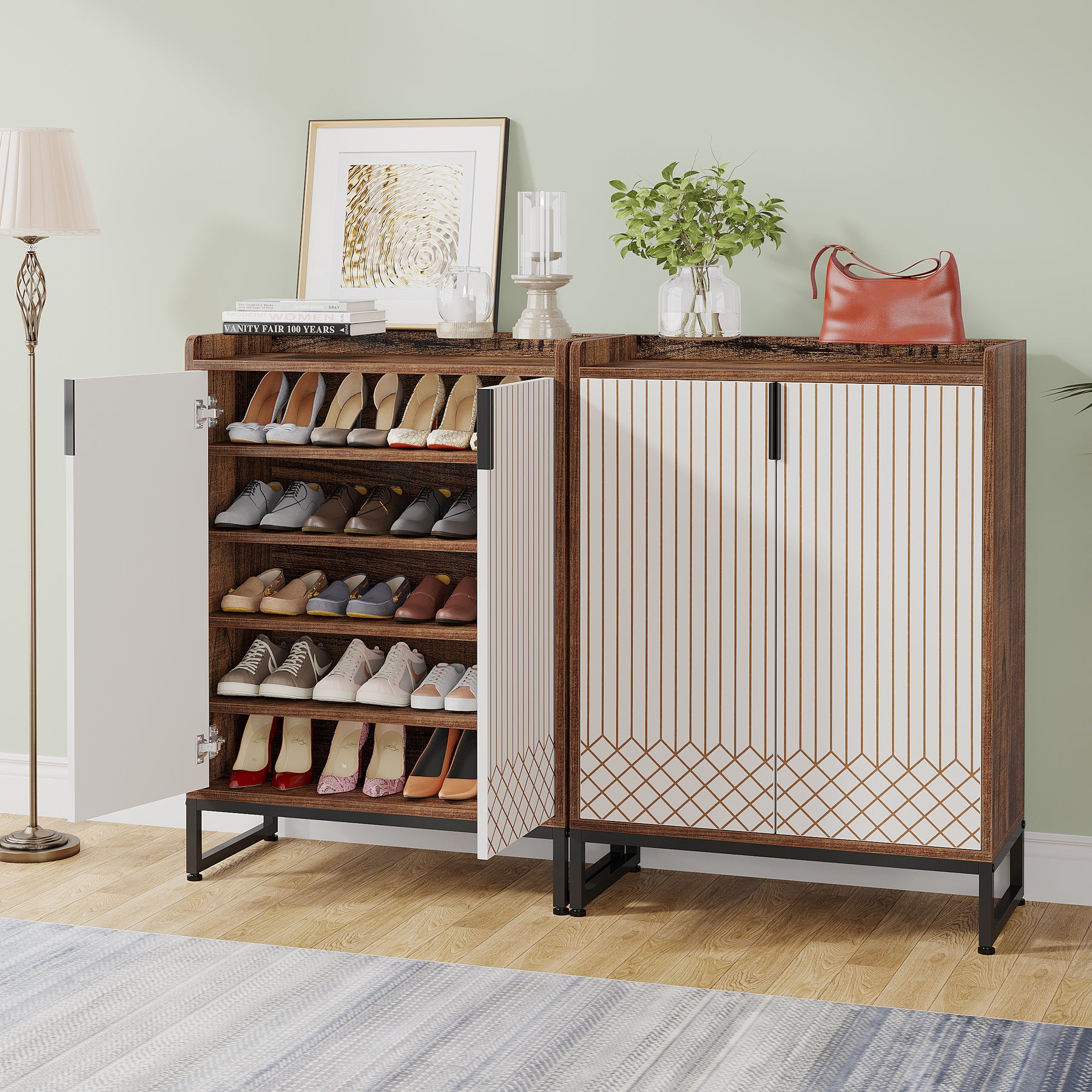 Tribesigns White 5-Tier Freestanding Wood Shoes Cabinet with Gold Metal Frame
