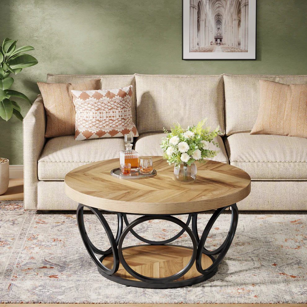 Tribesigns Coffee Table, Round Center Table with 2 Storage Shelves