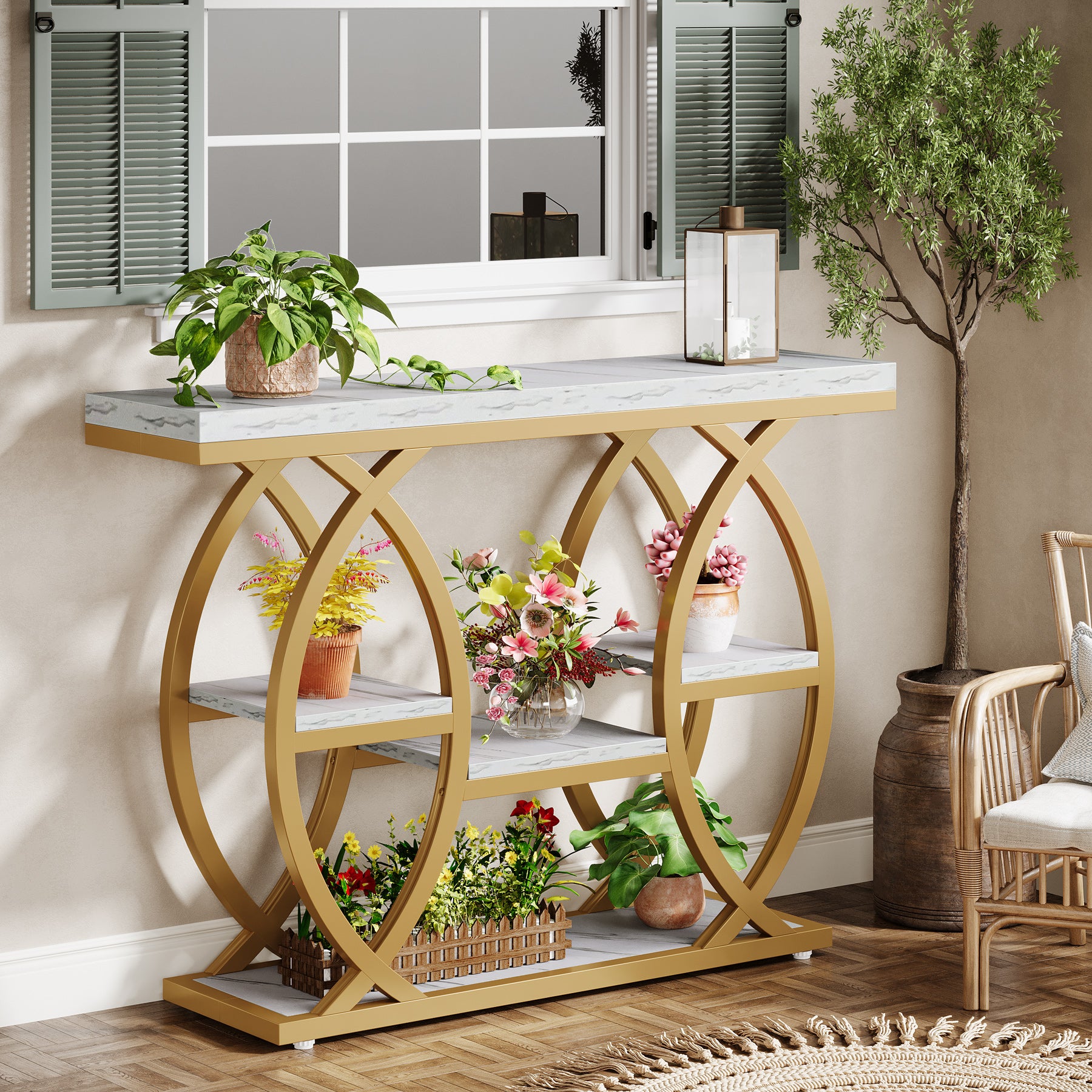 Tribesigns 39.4-Inch 4-Tier Console Table with Geometric Metal Frame, Sofa Table for Hallway Foyer and Small Spaces