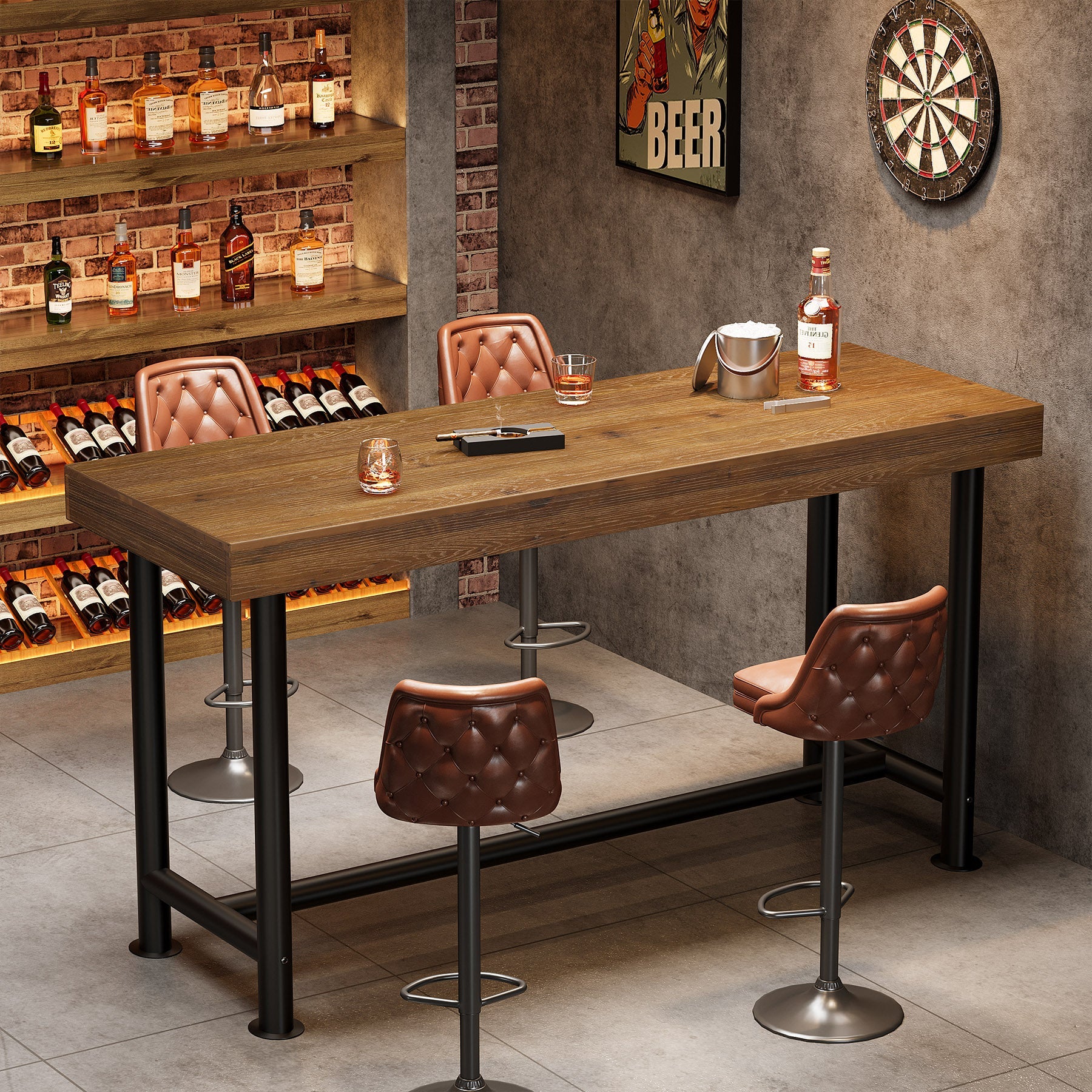 63-Inch Solid Wood Bar Table with Metal Legs, Rectangular Counter Height Pub Table