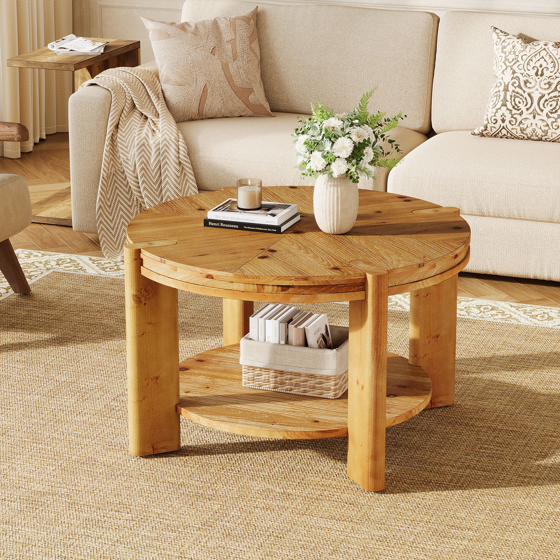 29.5 Inch Solid Wood Round Coffee Table, Farmhouse 2-Tier Circle Center Table with Open Storage Shelf for Living Room Apartment