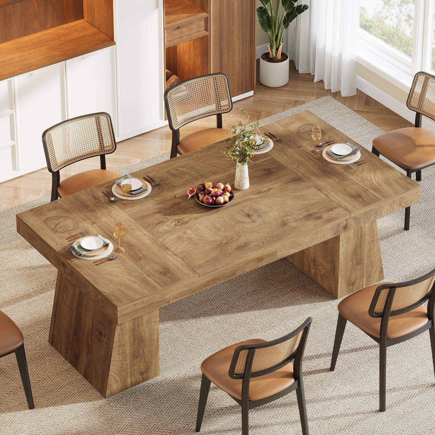 Tribesigns 55-Inch Dining Table for 4-6 People, Rectangular Farmhouse Kitchen Table with Double Pedestal Base