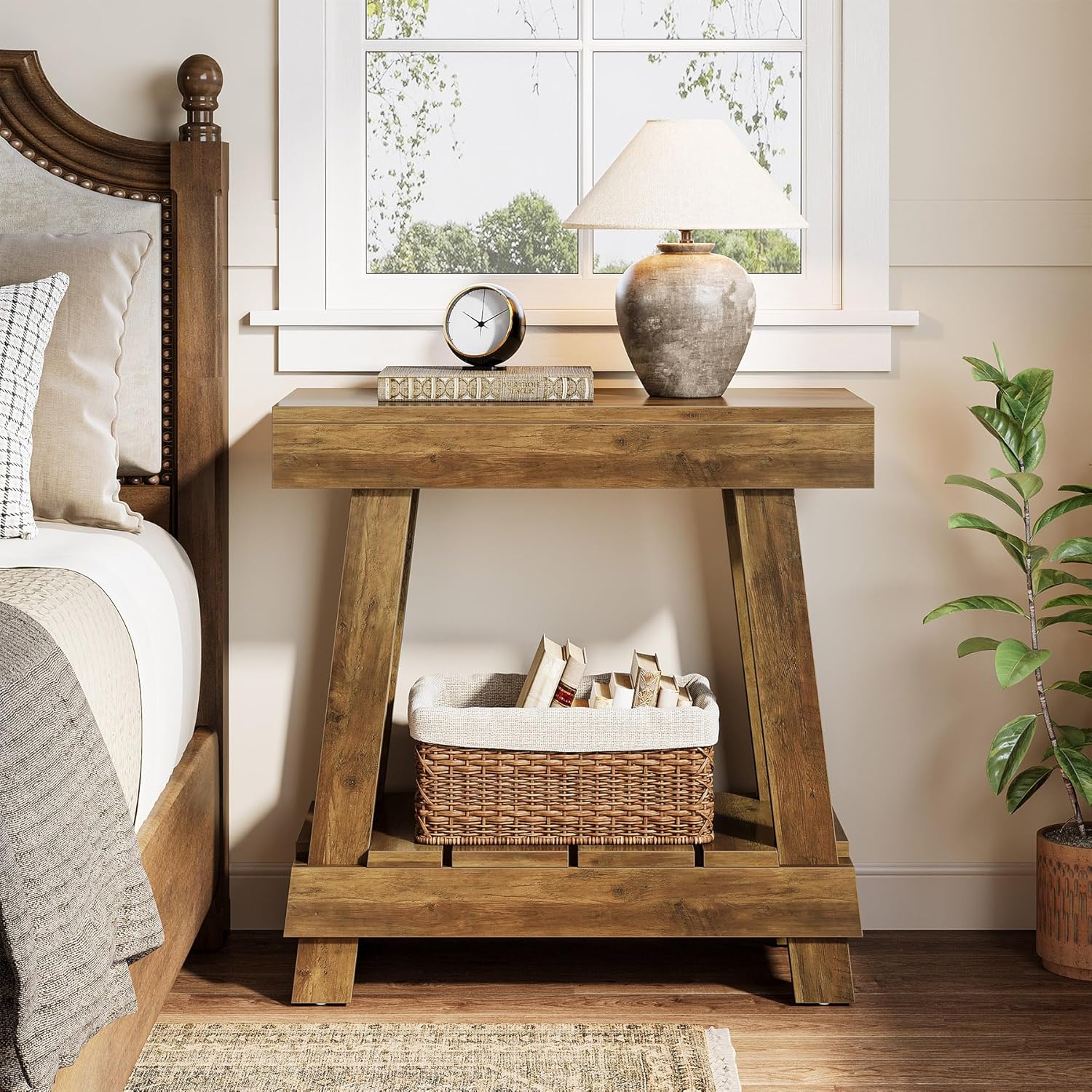 23.62" 2-Tier End Table - Farmhouse Bedside Nightstand with Storage Shelf