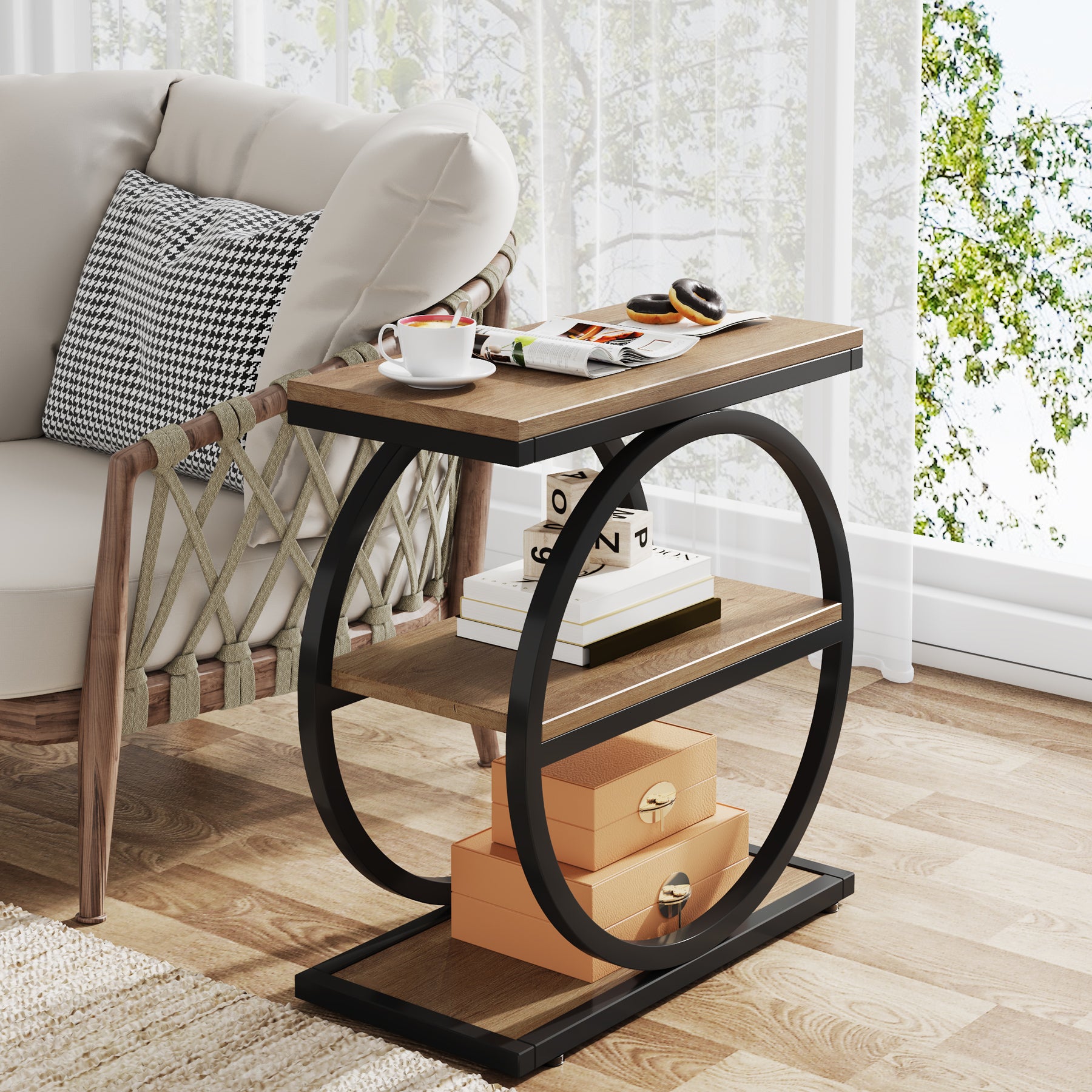 3-Tier End Table, Industrial Sofa Side Table with Round Metal Frame