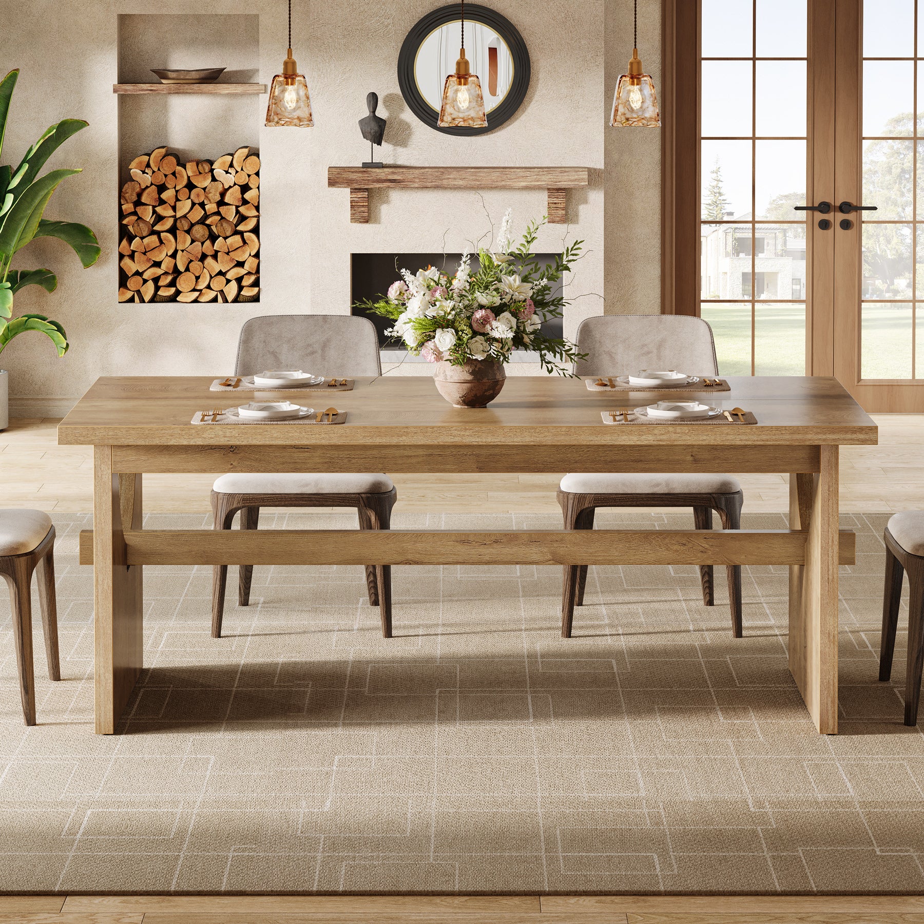 Tribesigns 63-Inch Farmhouse Dining Table for 4 to 6 People with Heavy Duty Double Base